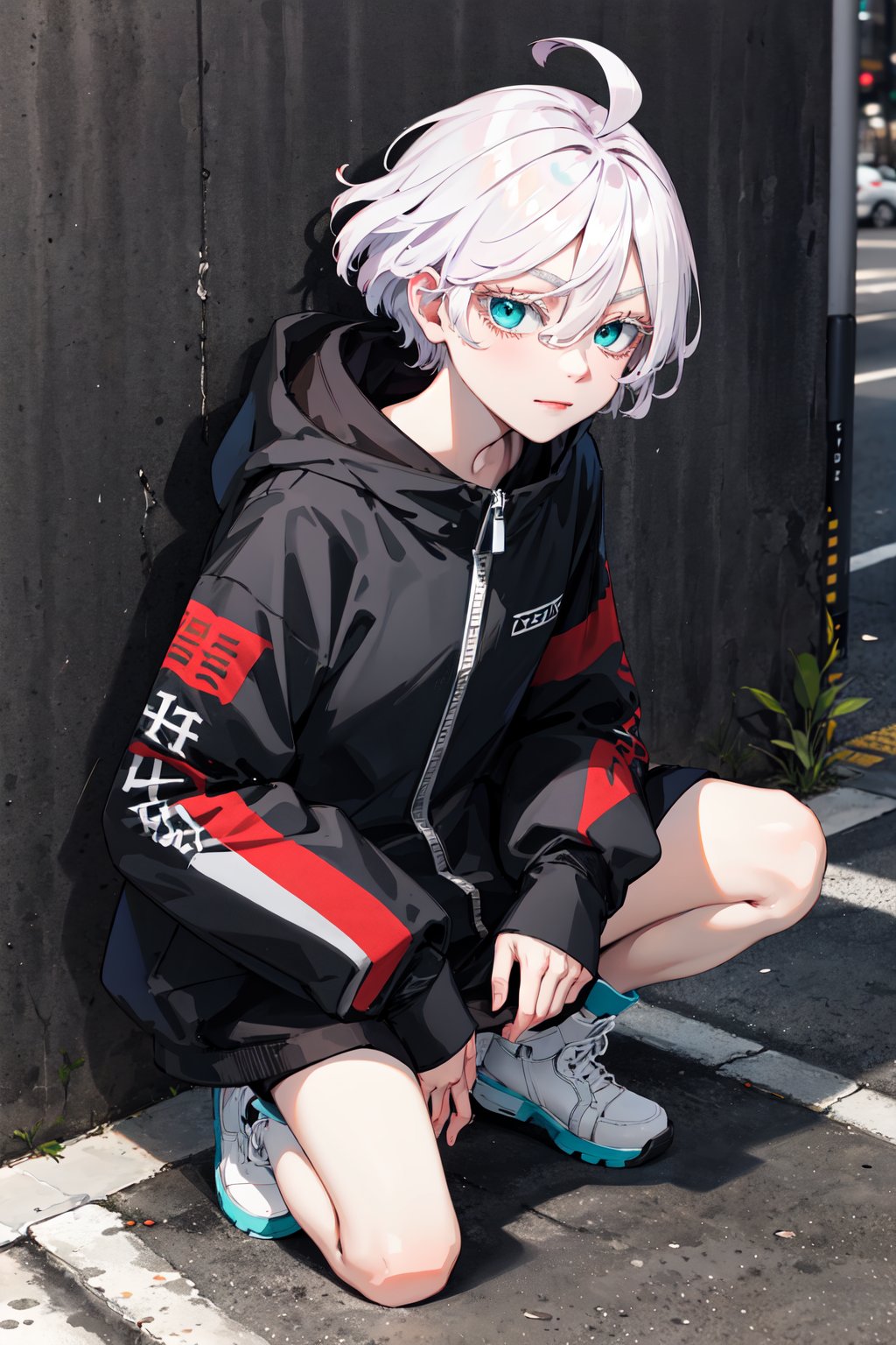 masterpiece, best quality, highres, 1girl, solo, short hair, white hair, floating hair, ahoge, hair between eyes, colored eyelashes, aqua eyes, high collar, black jacket, hooded jacket, zipper pull tab, long sleeves, sleeves past wrists, bare legs, <lora:kawaragi_senju_v1:0.7>, standing, cowboy shot, closed mouth, street, outdoors, wall, squatting, 