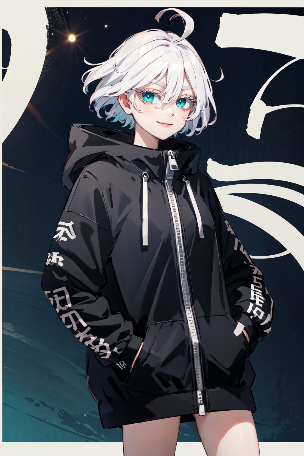 masterpiece, best quality, highres, 1girl, solo, short hair, white hair, floating hair, ahoge, hair between eyes, colored eyelashes, aqua eyes, high collar, black jacket, hooded jacket, zipper pull tab, long sleeves, sleeves past wrists, bare legs, <lora:kawaragi_senju_v1:0.7>, hands in pockets, night, smile, closed mouth, walking, cowboy shot,