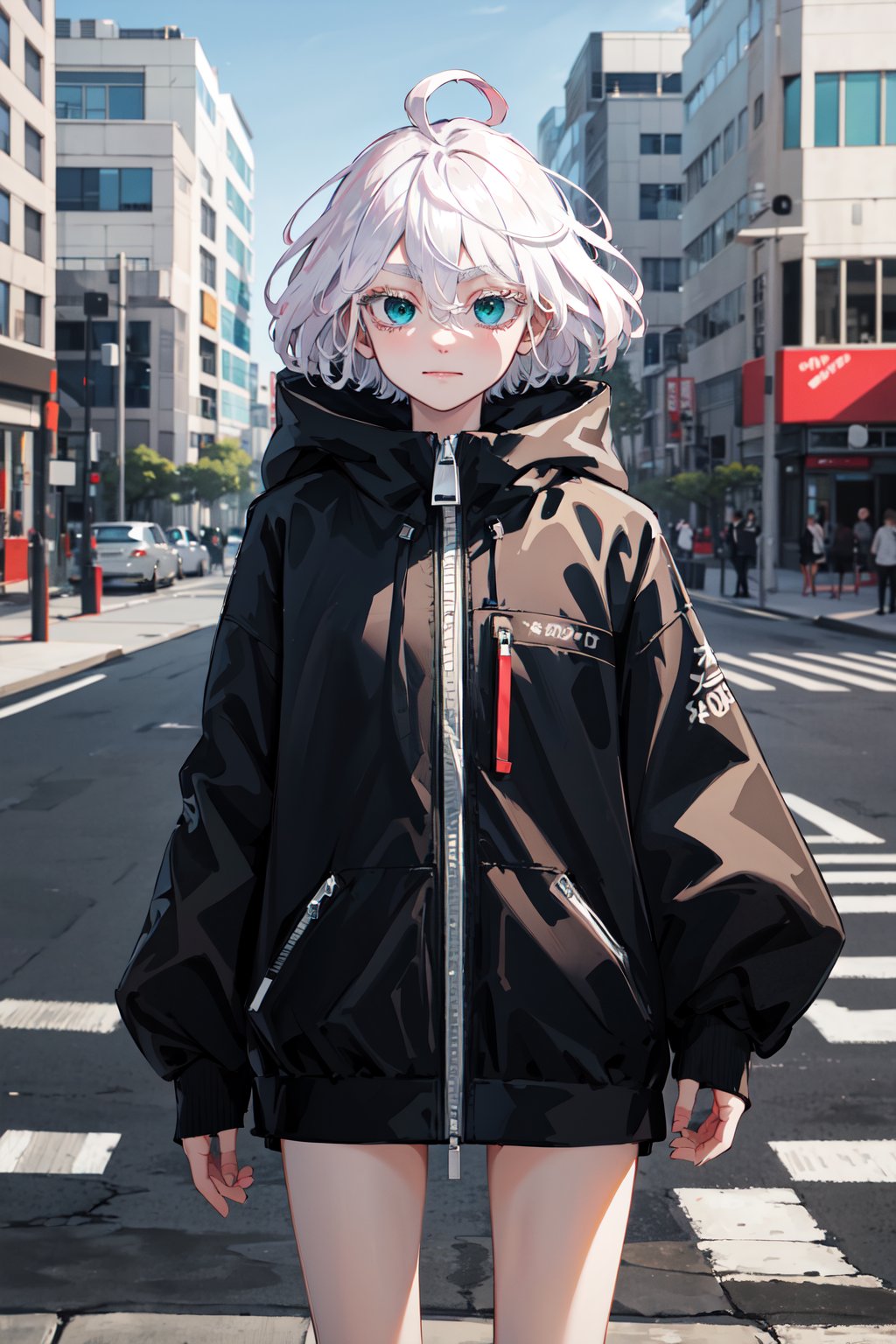 masterpiece, best quality, highres, 1girl, solo, short hair, white hair, floating hair, ahoge, hair between eyes, colored eyelashes, aqua eyes, high collar, black jacket, hooded jacket, zipper pull tab, long sleeves, sleeves past wrists, bare legs, <lora:kawaragi_senju_v1:0.7>, standing, cowboy shot, closed mouth, street, outdoors