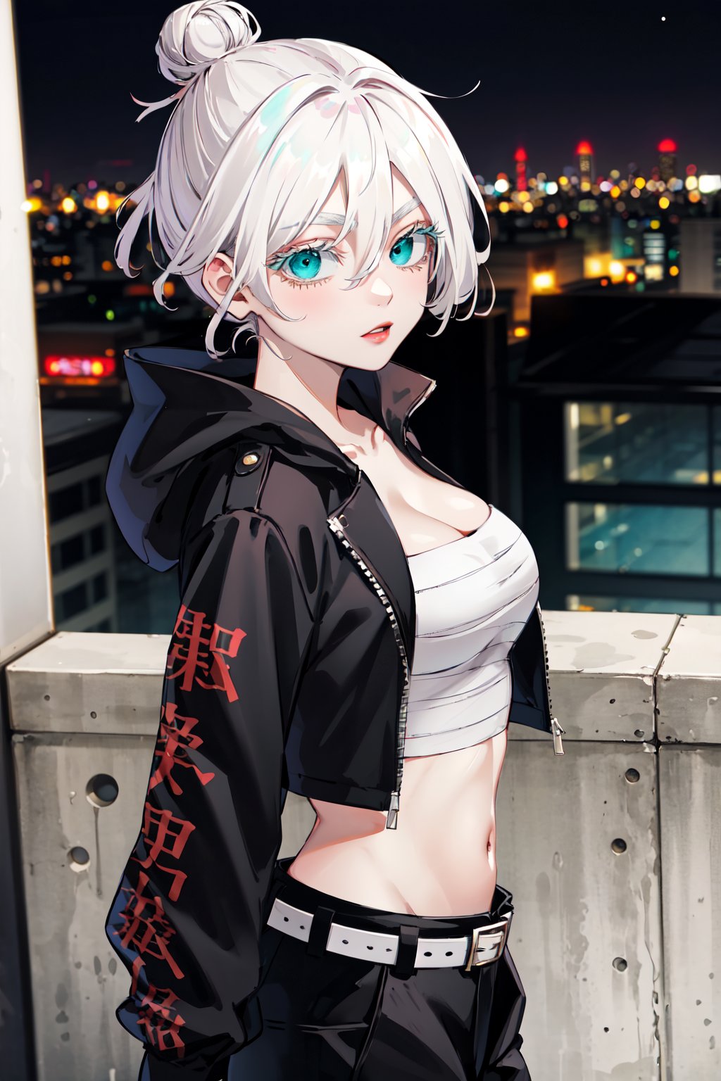 masterpiece, best quality, highres, 1girl, solo, short hair, white hair, hair bun, hair between eyes, colored eyelashes, aqua eyes, cleavage, sarashi, bandages, black jacket, open clothes, long sleeves, midriff, belt, black pants, <lora:kawaragi_senju_v1:0.7>, city, rooftop, standing, from side, night