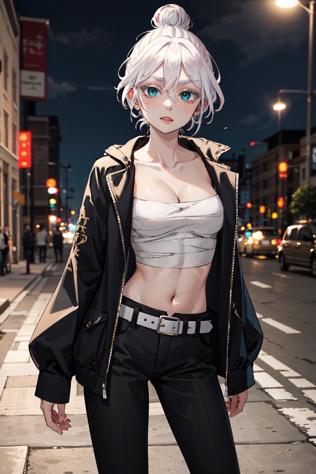 masterpiece, best quality, highres, 1girl, solo, short hair, white hair, hair bun, hair between eyes, colored eyelashes, aqua eyes, cleavage, sarashi, bandages, black jacket, open clothes, long sleeves, midriff, belt, black pants, <lora:kawaragi_senju_v1:0.7>, standing, cowboy shot, outdoors, street, night