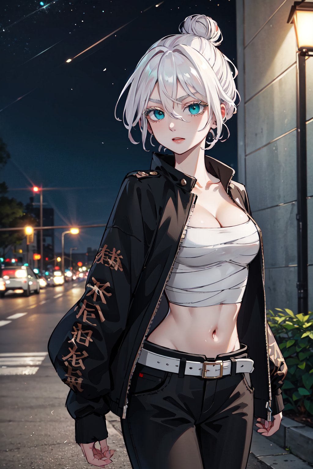 masterpiece, best quality, highres, 1girl, solo, short hair, white hair, hair bun, hair between eyes, colored eyelashes, aqua eyes, cleavage, sarashi, bandages, black jacket, open clothes, long sleeves, midriff, belt, black pants, <lora:kawaragi_senju_v1:0.7>, standing, cowboy shot, outdoors, street, night