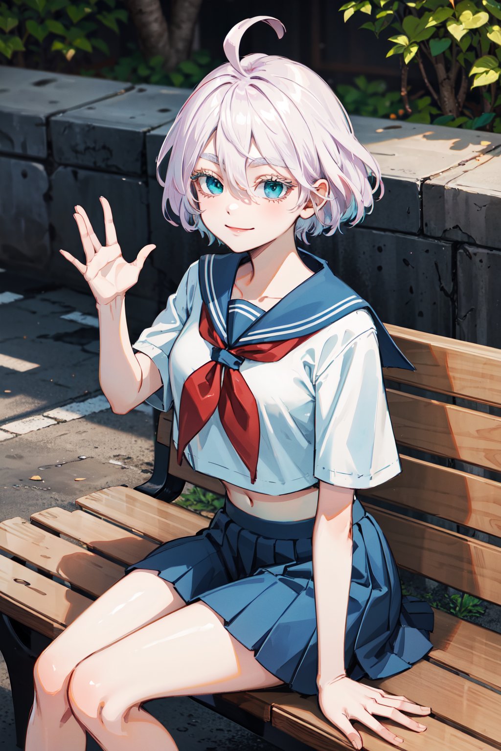 masterpiece, best quality, highres, 1girl, solo, short hair, white hair, floating hair, ahoge, hair between eyes, colored eyelashes, aqua eyes, serafuku, sailor collar, red neckerchief, shirt, short sleeves, midriff, pleated skirt, blue skirt, <lora:kawaragi_senju_v1:0.7>, sitting, smile, closed mouth, bench, petals, waving, outdoors