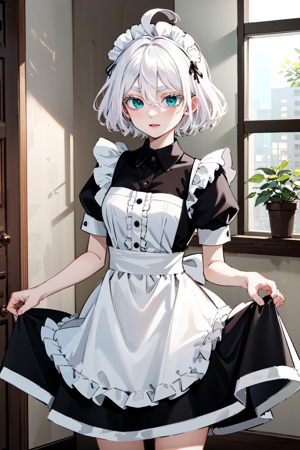 masterpiece, best quality, highres, 1girl, solo, short hair, white hair, floating hair, ahoge, hair between eyes, colored eyelashes, aqua eyes, <lora:kawaragi_senju_v1:0.7>, maid, maid headdress, apron, skirt hold, indoors, standing