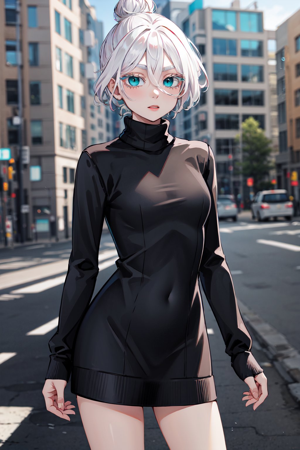 masterpiece, best quality, highres, 1girl, solo, short hair, white hair, hair bun, hair between eyes, colored eyelashes, aqua eyes, <lora:kawaragi_senju_v1:0.7>, turtleneck, sweater dress, virgin killer sweater, street, standing, cowboy shot