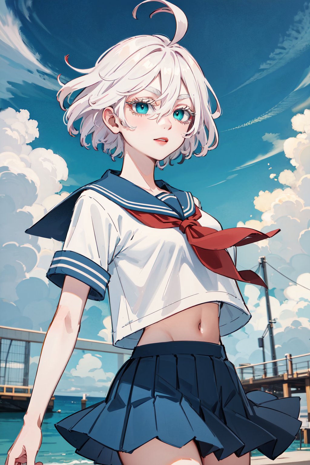 masterpiece, best quality, highres, 1girl, solo, short hair, white hair, floating hair, ahoge, hair between eyes, colored eyelashes, aqua eyes, serafuku, sailor collar, red neckerchief, shirt, short sleeves, midriff, pleated skirt, blue skirt, <lora:kawaragi_senju_v1:0.7>, standing, cowboy shot, outdoors, park