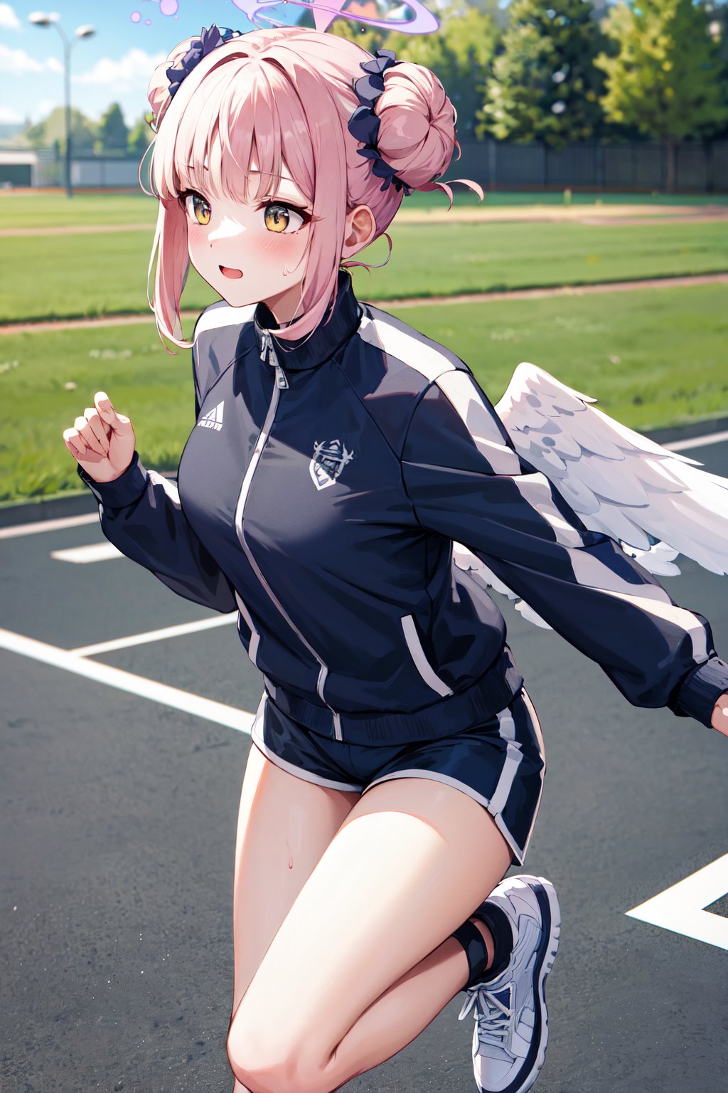 masterpiece, best quality, highres, bbmika, halo, double bun, hair flower, sidelocks, angel wings, white wings, low wings, crescent, track jacket, black jacket, long sleeves, short shorts, <lora:misono_mika_v1:0.7>, running, outdoors, sweat, 