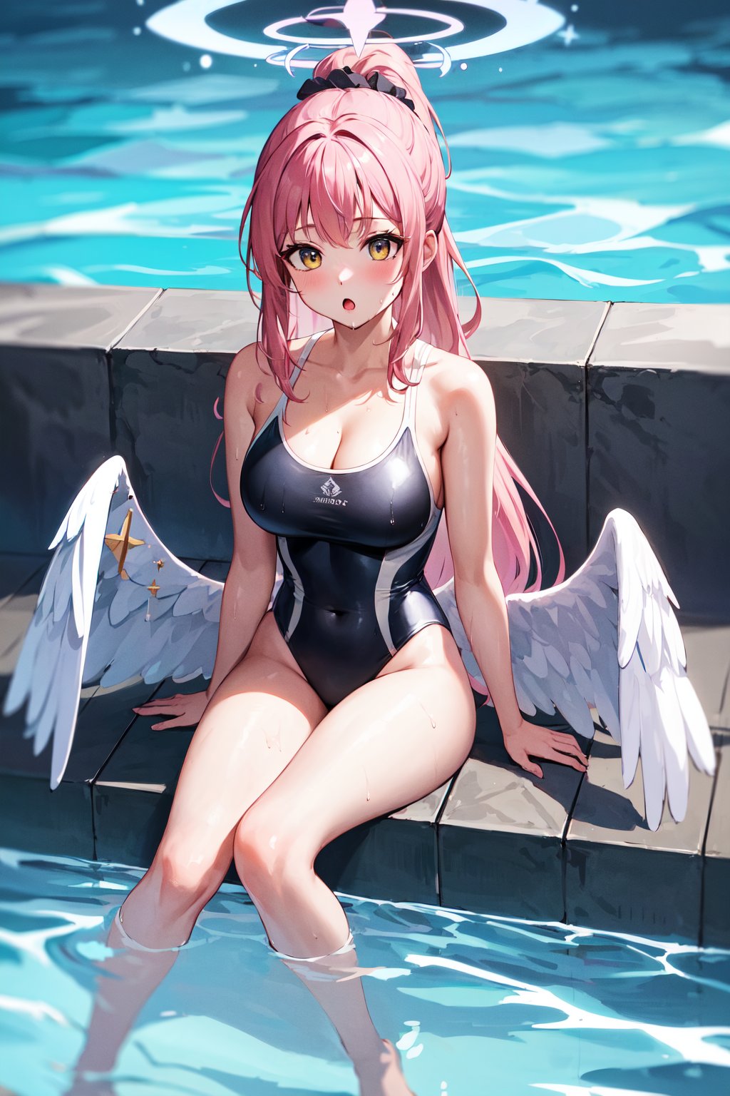 masterpiece, best quality, highres, ccmika, halo, long hair, ponytail, sidelocks, angel wings, white wings, low wings, bare shoulders, cleavage, black one-piece swimsuit, <lora:misono_mika_v1:0.7>, pool, wet, :o, water, partially submerged,  sitting,