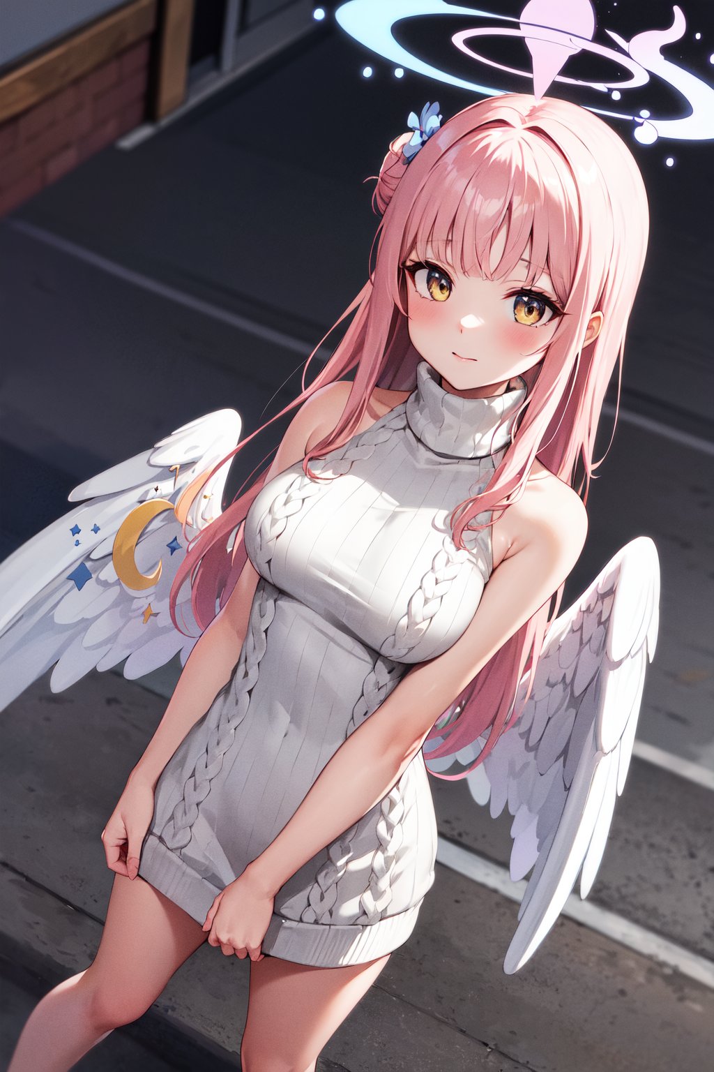 masterpiece, best quality, highres, aamika, halo, long hair, hair flower, angel wings, white wings, low wings, crescent, <lora:misono_mika_v1:0.7>, standing, street, virgin killer sweater, sweater dress, turtleneck, 