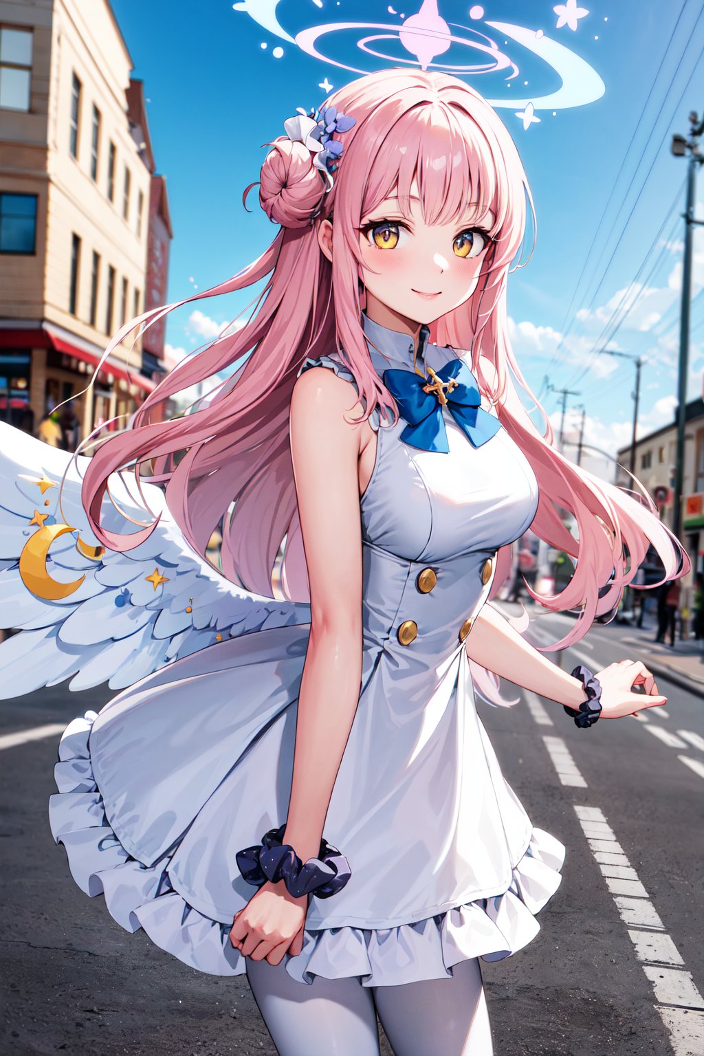 masterpiece, best quality, highres, aamika, halo, long hair, hair flower, angel wings, white wings, low wings, angel wings, crescent, sleeveless, blue bow, frills, white dress, wrist scrunchie, white pantyhose, <lora:misono_mika_v1:0.7>, smile, street, standing, cowboy shot, blue sky,