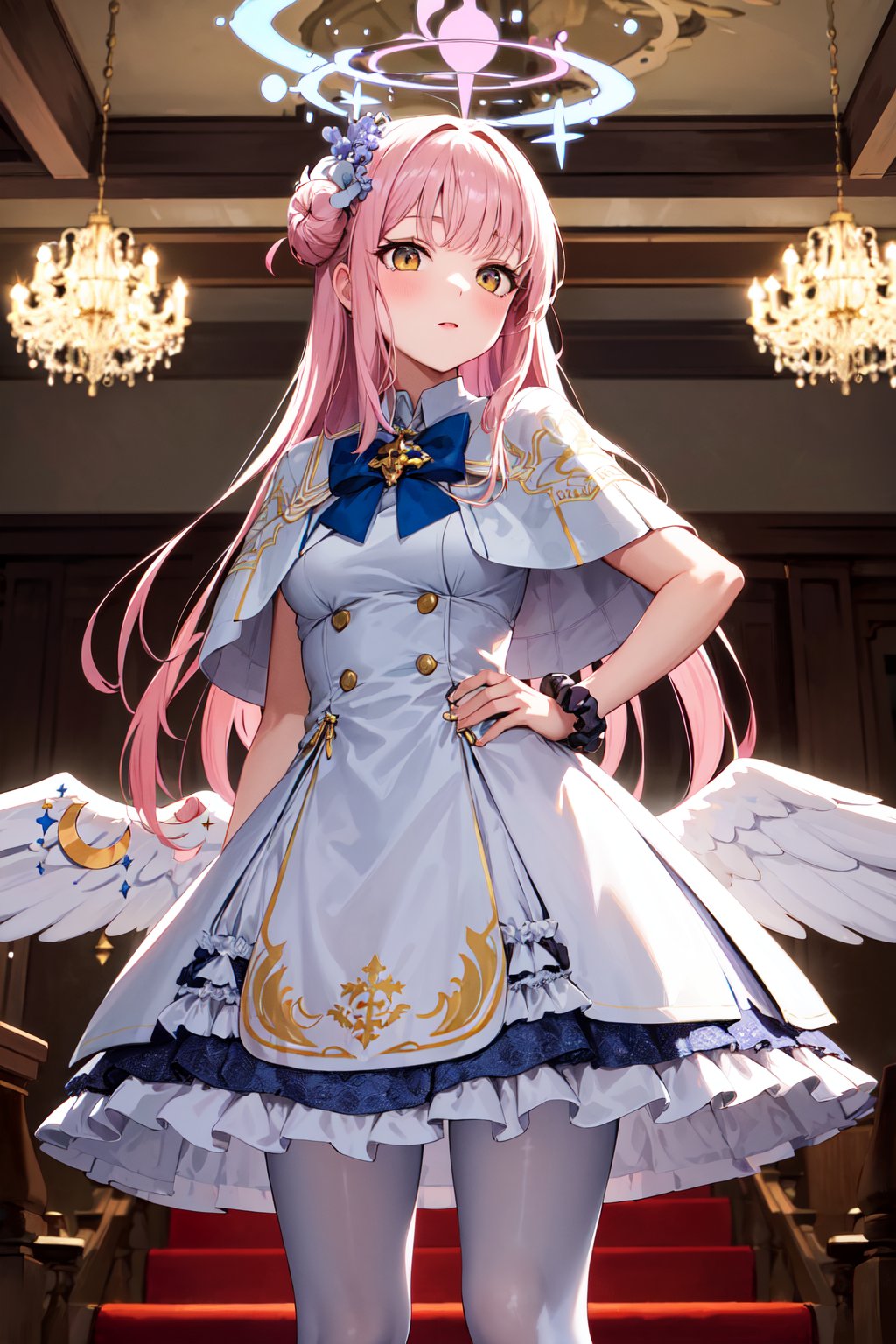 masterpiece, best quality, highres, aamika, halo, long hair, hair flower, angel wings, white wings, low wings, crescent, capelet, blue bow, frills, white dress, wrist scrunchie, white pantyhose, <lora:misono_mika_v1:0.7>, hand on hip, standing, cowboy shot, indoor, chandelier, 