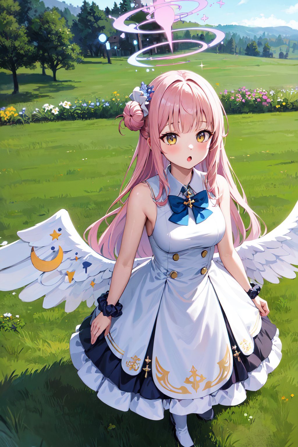 masterpiece, best quality, highres, aamika, halo, long hair, hair flower, angel wings, white wings, low wings, angel wings, crescent, sleeveless, blue bow, frills, white dress, wrist scrunchie, white pantyhose, <lora:misono_mika_v1:0.7>, outdoors, field, garden, standing, from above, full body, :o,