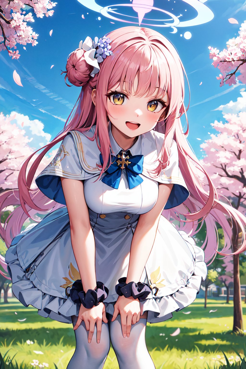 masterpiece, best quality, highres, aamika, halo, long hair, hair flower, angel wings, white wings, low wings, crescent, capelet, blue bow, frills, white dress, wrist scrunchie, white pantyhose, <lora:misono_mika_v1:0.7>, leaning forward, standing, cherry blossoms, outdoors, smile, open mouth, hand on own knee, 