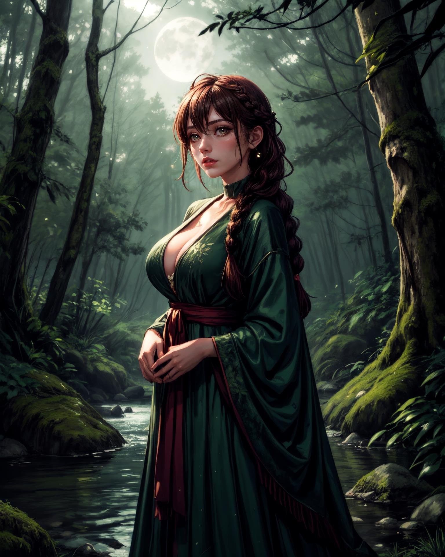 very detailed, high quality, portrait, woman in her 30s, huge breasts, sharp eyes, hair between eyes, high-tech, (knotless_braid_hairstyle:1.3), <lora:knotless_braid_hairstyle:0.3>, flat colors, Moonlit forest, towering trees, shadowy foliage, luminescent insects, misty clearings, mossy rocks, burbling brook, rustling leaves, twinkling stars, owl perched, long flowing gown, forest-inspired accessories, lantern light, whimsical, serene, mysterious, tranquil, enchanted, <lora:add_detail:1>