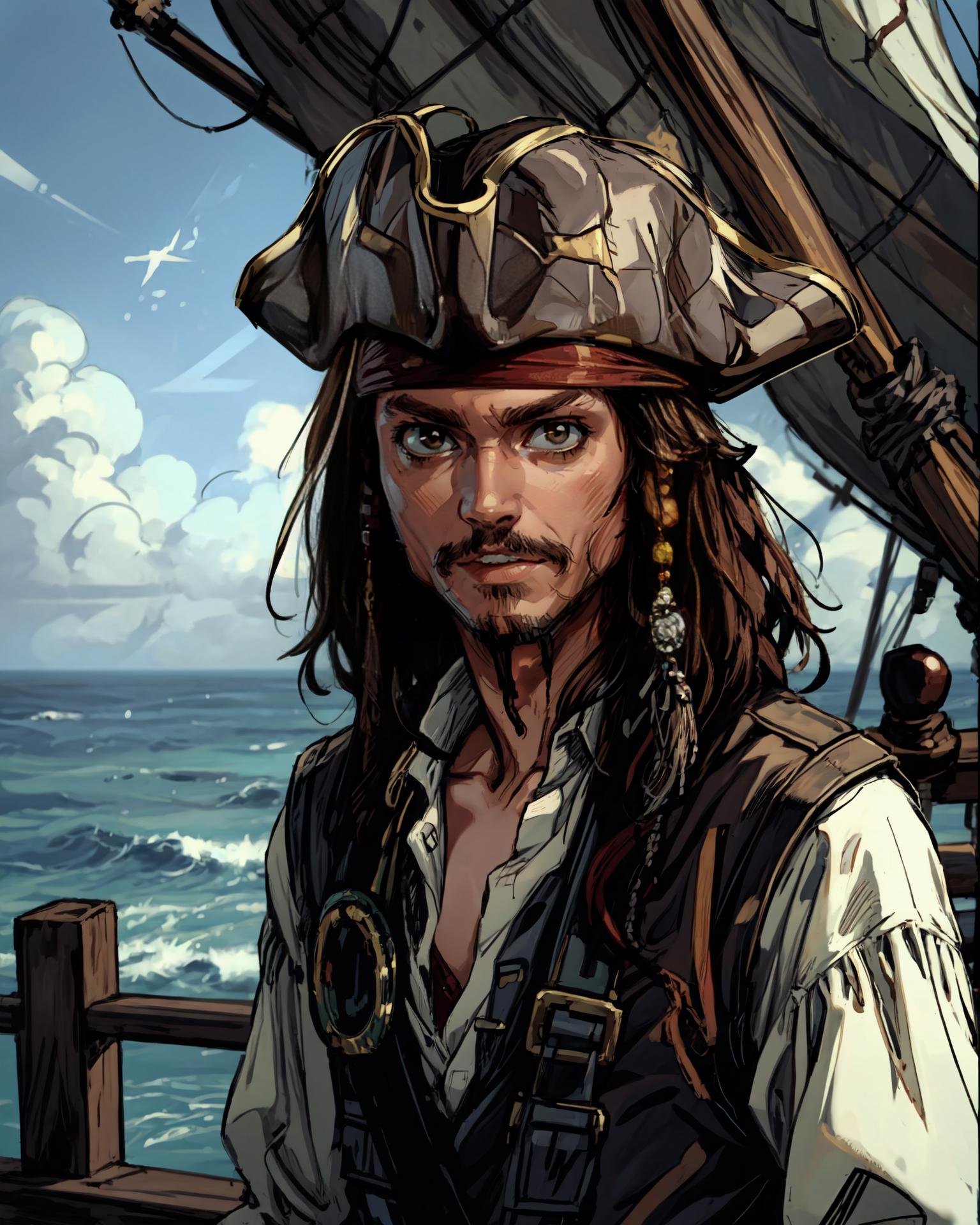 jack sparrow, anime style, masterpiece, best quality, 1boy, brown eyes, hat, brown hair, closed mouth, earrings, green background, hat, pirate, jewelry, looking at viewer, shirt, short hair, simple background, solo, upper body, white shirt, on pirate ship, ocean,  <lora:add_detail:1>,   <lora:jack_sparrow_offset:1>