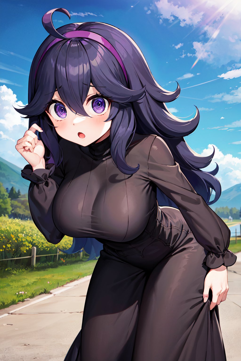 masterpiece, best quality, highres, aahex, hex maniac \(pokemon\), long hair, ahoge, purple hairband, purple eyes, @_@, large breasts, long dress, black dress, long sleeves, <lora:hex_maniac_v1:0.7>, leaning forward, :o, outdoors