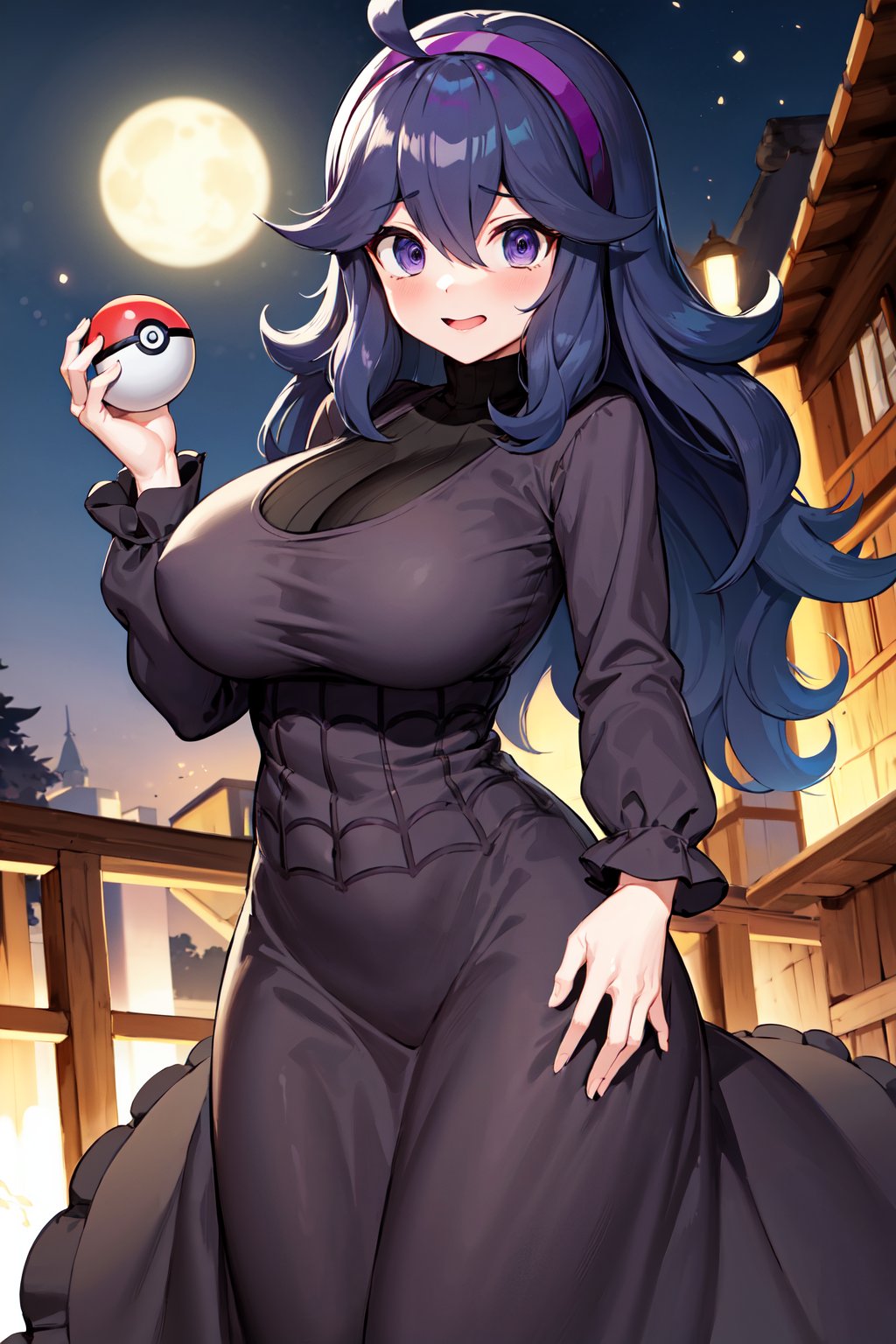 masterpiece, best quality, highres, aahex, hex maniac \(pokemon\), long hair, ahoge, purple hairband, purple eyes, @_@, large breasts, long dress, black dress, long sleeves, <lora:hex_maniac_v1:0.7>, outdoor, night, holding poke ball, poke ball, 