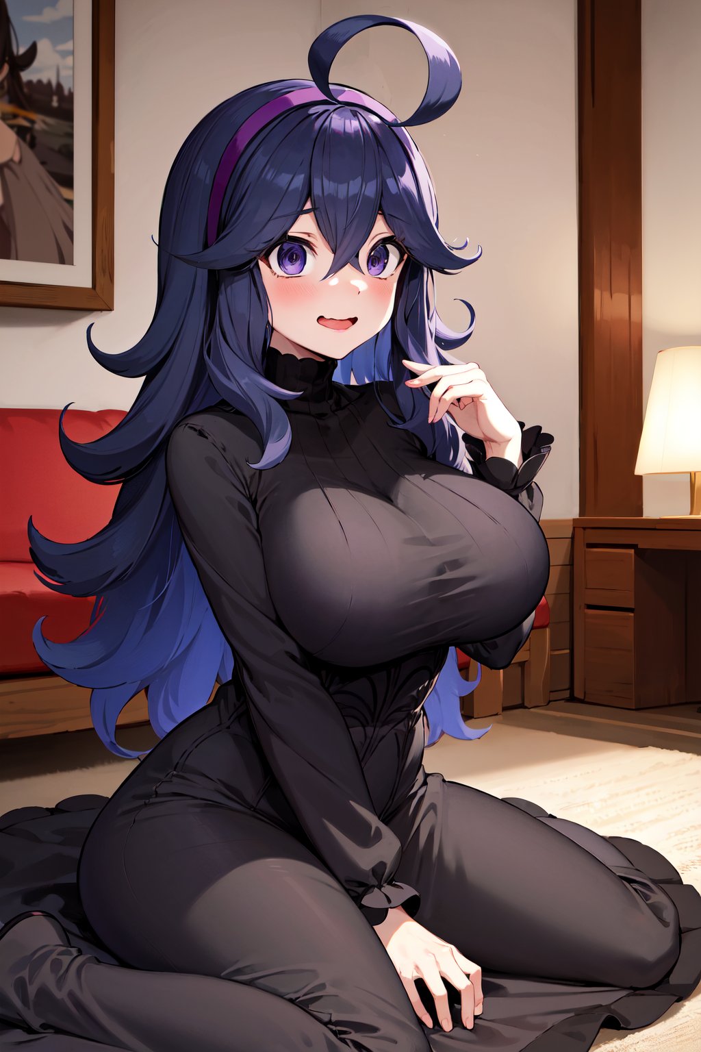 masterpiece, best quality, highres, aahex, hex maniac \(pokemon\), long hair, ahoge, purple hairband, purple eyes, @_@, large breasts, long dress, black dress, long sleeves, <lora:hex_maniac_v1:0.7>, sitting, indoors, wariza, wavy mouth, open mouth, 