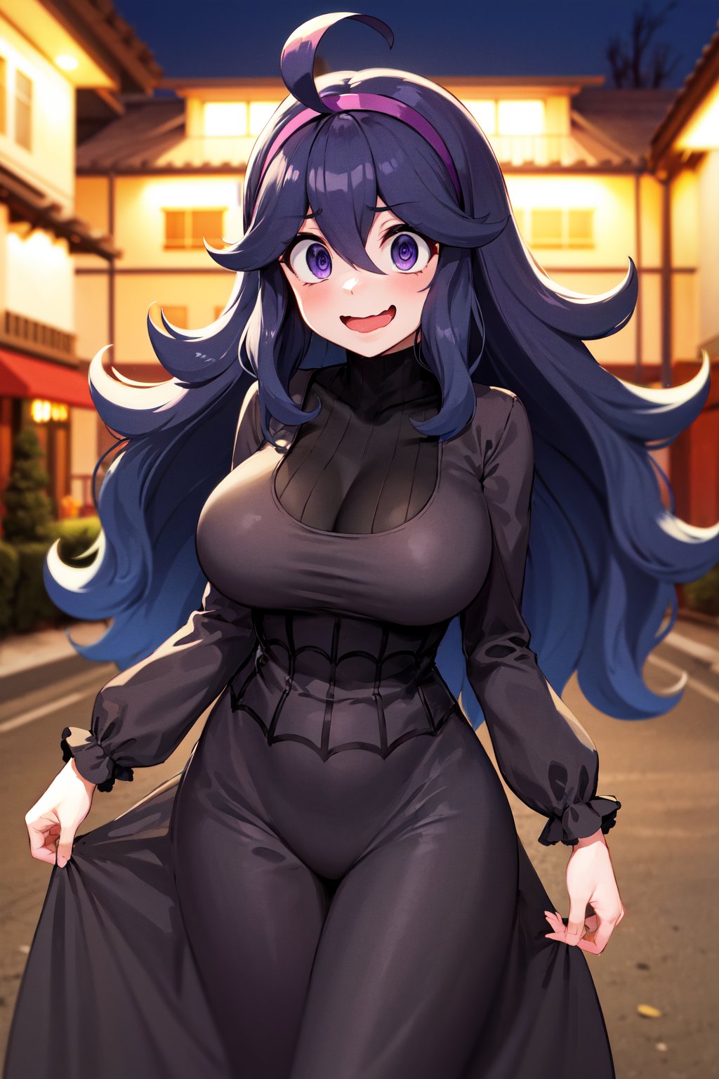 masterpiece, best quality, highres, aahex, hex maniac \(pokemon\), long hair, ahoge, purple hairband, purple eyes, @_@, large breasts, long dress, black dress, long sleeves, <lora:hex_maniac_v1:0.7>, cowboy shot, standing, outdoors, night, open mouth, wavy mouth, 