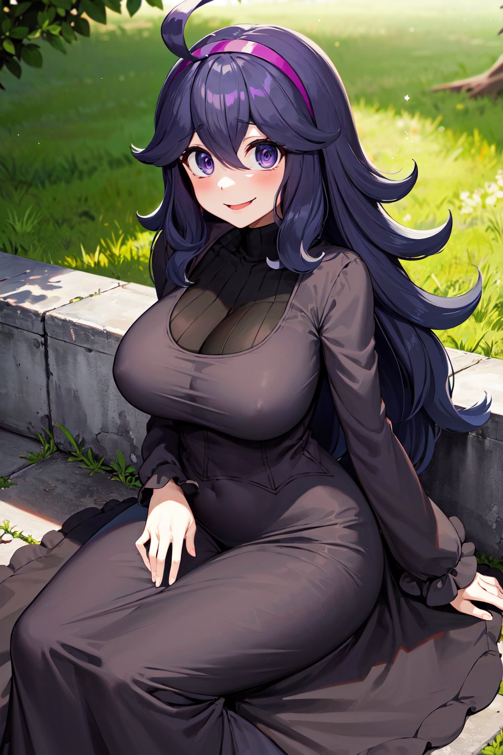 masterpiece, best quality, highres, aahex, hex maniac \(pokemon\), long hair, ahoge, purple hairband, purple eyes, @_@, large breasts, long dress, black dress, long sleeves, <lora:hex_maniac_v1:0.7>, smile, sitting, outdoors