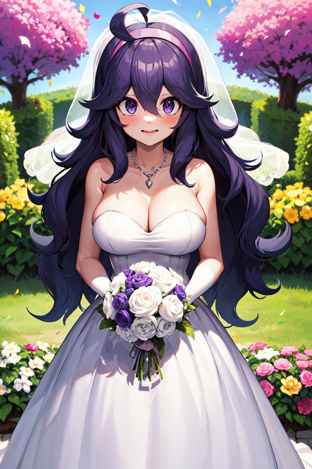 masterpiece, best quality, highres, aahex, hex maniac \(pokemon\), long hair, ahoge, purple hairband, purple eyes, @_@, large breasts, <lora:hex_maniac_v1:0.7>, white dress, bridal veil, wedding dress, white gloves, necklace, garden, confetti, holding bouquet, standing, cowboy shot