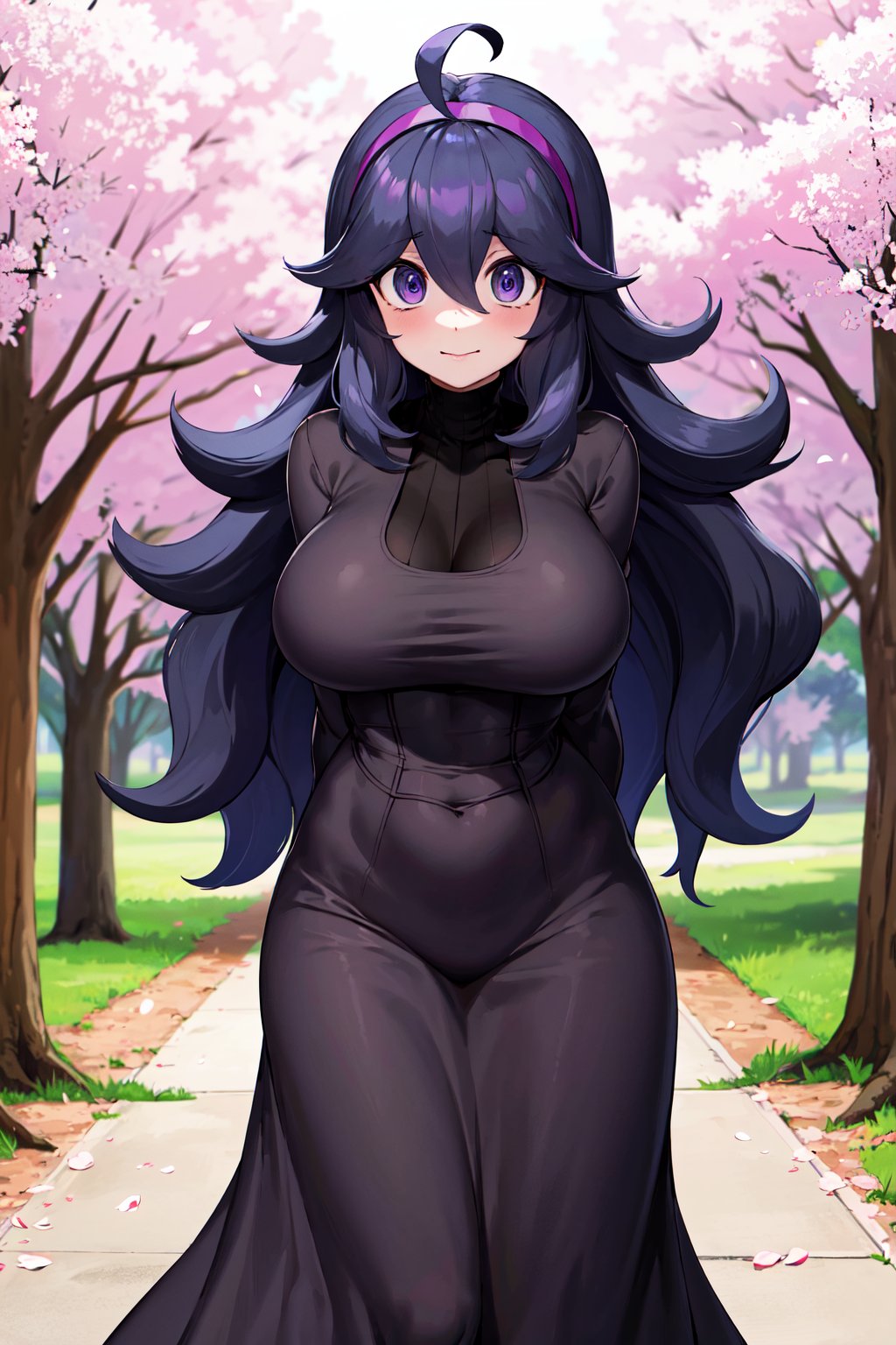 masterpiece, best quality, highres, aahex, hex maniac \(pokemon\), long hair, ahoge, purple hairband, purple eyes, @_@, large breasts, long dress, black dress, long sleeves, <lora:hex_maniac_v1:0.7>, cherry blossoms, arms behind back, outdoors