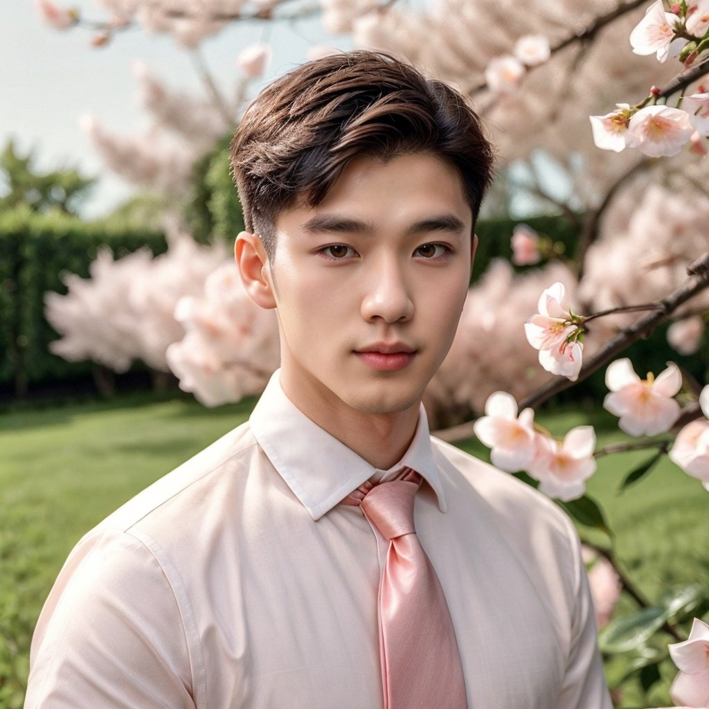 masterpiece,1 Man,Handsome,Look at me,Brown eyes,Short hair,Oil head,White shirt,Tie,22 years old,Outdoor,Garden,Peach tree,Flying petals,textured skin,super detail,best quality,