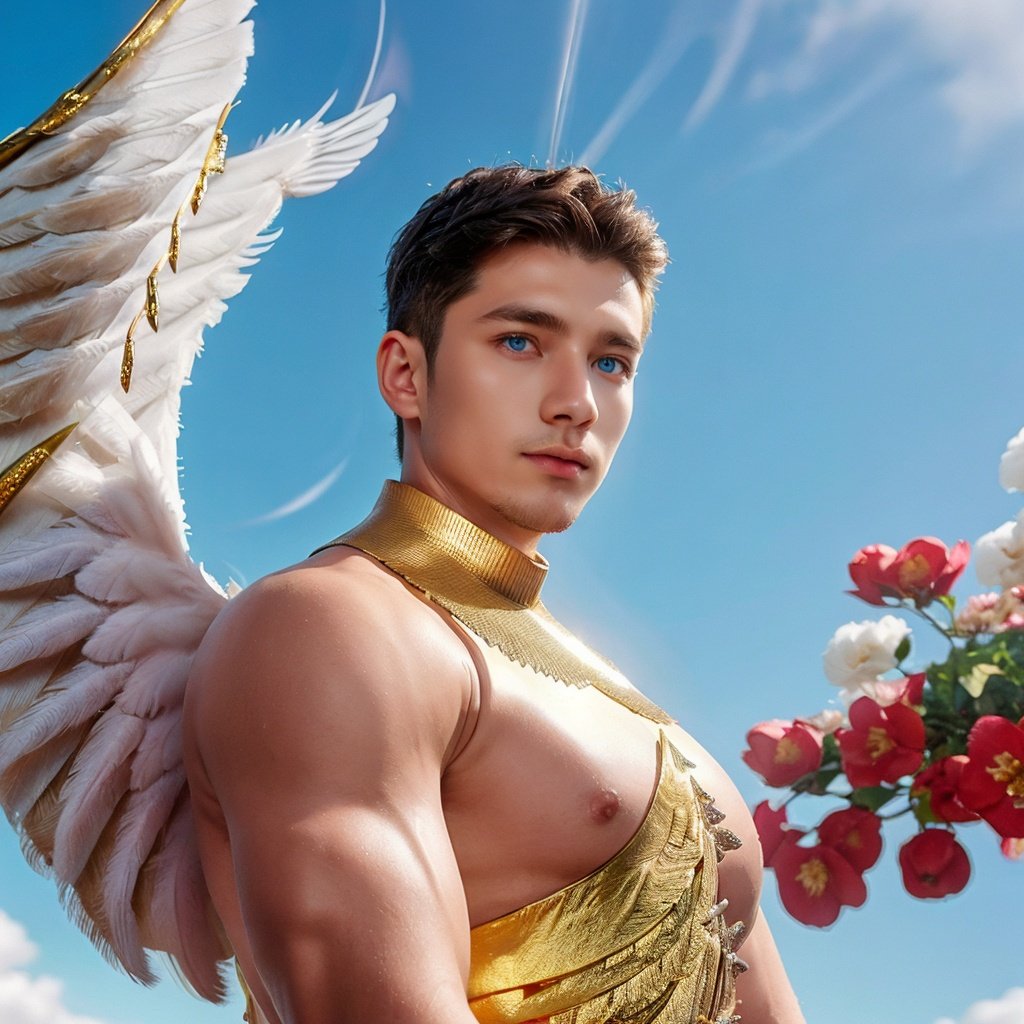 muscle, menstoga, in white and gold costume, male focus, solo, 1boy, bare shoulders, looking at viewer, ice blue eyes, (Seraphim:1.5), (multiple wings:1.5), in the sky, clouds, man with wings, angel wings, glowing, platinum hair, outdoors, stars, golden feathers, gold magic swirling, close-up, bloom