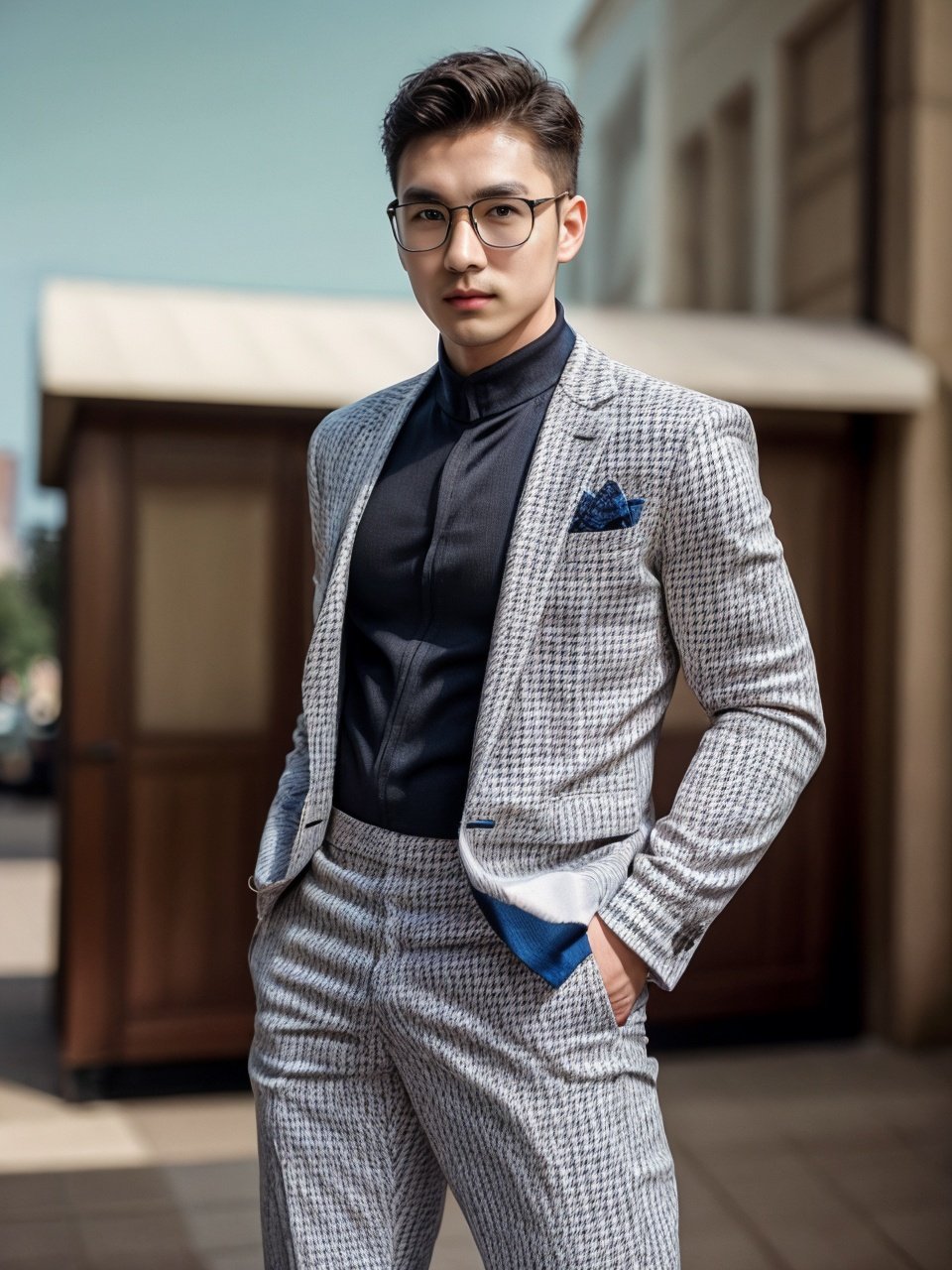 (masterpiece, high quality, best quality),1man,handsome,short hair,glasses,(houndstooth suit),8k,Photo texture. high detail,