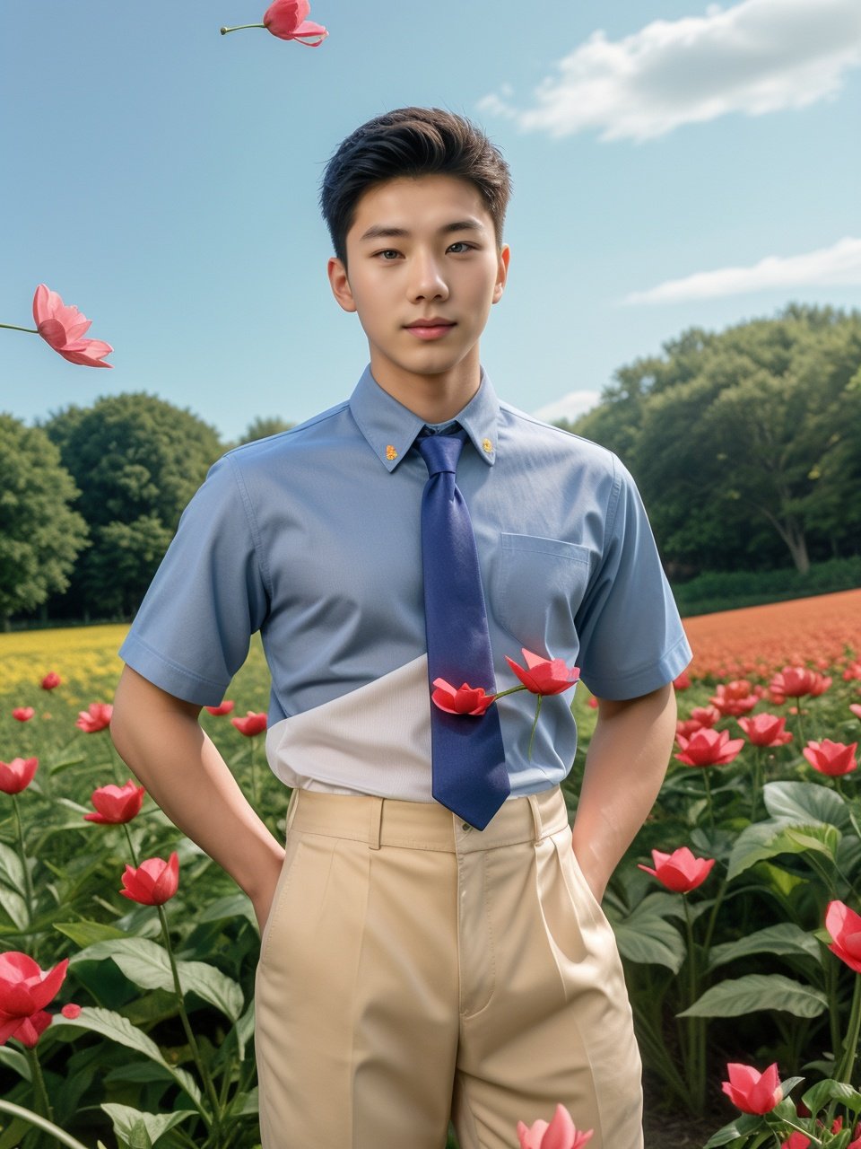 masterpiece,1 boy,18 years old,Look at me,Handsome,Lovely,Sweet,School uniform shirts,Tie,Students,outdoors,Summer,Flower field,Flying petals,Field,Rural area,textured skin,super detail,best quality,