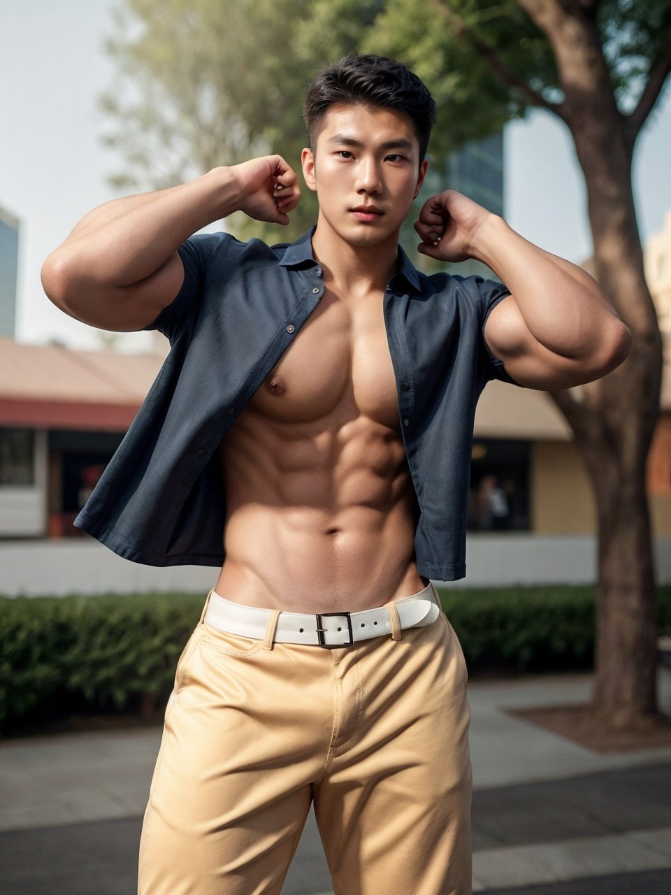 realistic,masterpiece,best quality,cinematic lighting,natural shadow,highest detail,professional photography,detailed background,depth of field,insane details,intricate,aesthetic,detailed face,subsurface scattering,realistic hair,realistic eyes,muscular,masculine,large pectorals,photo of a handsome asian man,(20 year old),black hair,beige-color,open clothes,shirt,belt,pants,cuffs,dynamic pose,outdoor,city street,