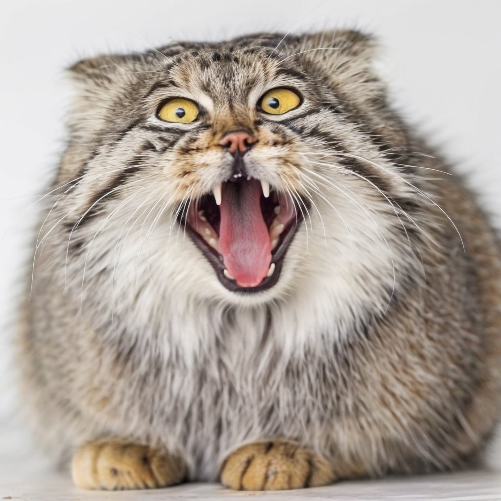 Chubby pallas's cat,opens its mouth wide in a typical yawn,showing tiredness or contentment,4K HD hi-res photo,realistic Hasselblad photography,natural light,white background,<lora:manul:0.7>,