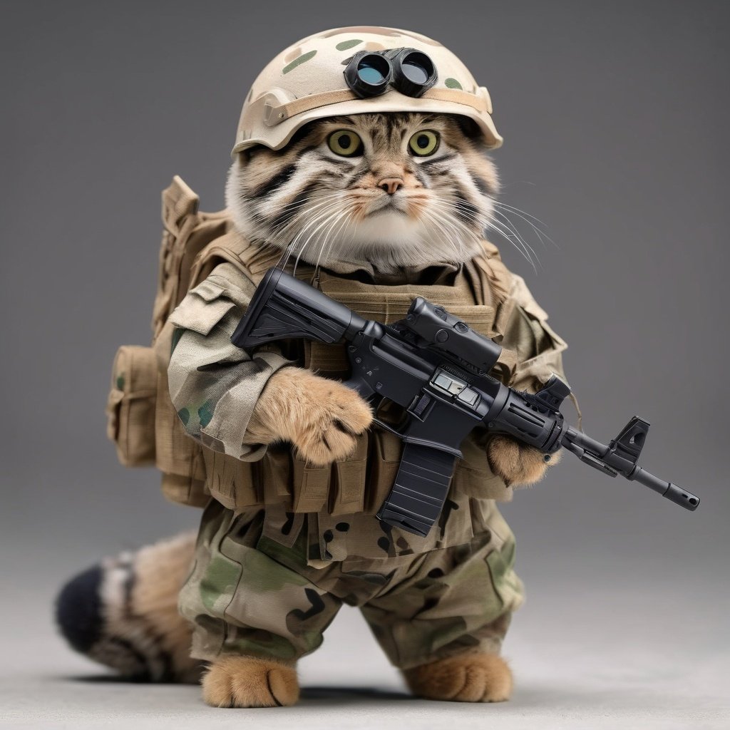 In a miniature camouflage uniform, complete with a tiny helmet and a small scaled-down assault rifle, a Chubby pallas's cat is ready for modern warfare, 4K HD hi-res photo,realistic Hasselblad photography,studio light,disney cartoon character design<lora:manul:0.7>,