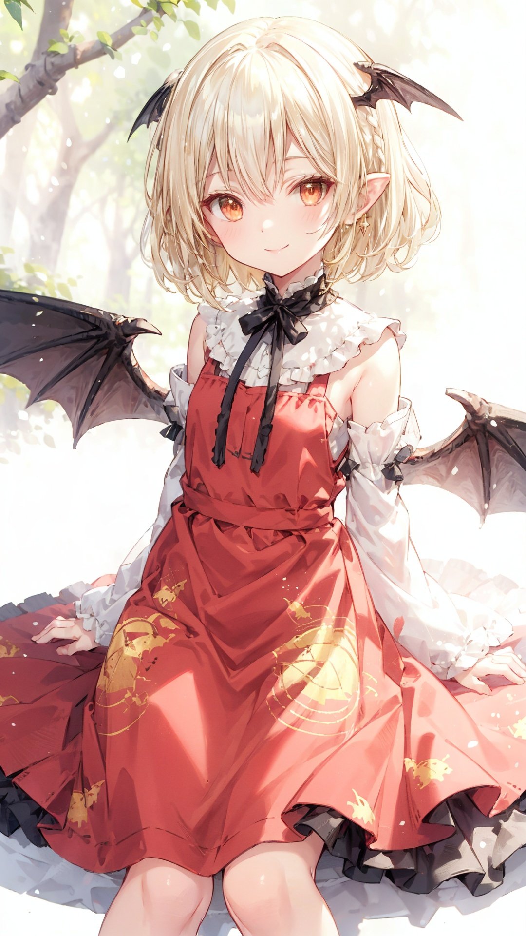  [(white background:1.4)::10], [(Lake and forest background:1.2):5], soles,(loli:1.2),(petite:1.2),(cygames:1.2),sitting,masterpiece, {highres},((ultra-detailed)),(detailed light),dramatic_shadow,ray_tracing,{an extremely delicate and beautiful},1girl,loli,(petite:1.2),(blonde clothes:1.4),(red clothes:1.2),(blonde flame print:1.2),white clothes,green chest jewel, +++++++++(white hair:1.4),bangs,detached_sleeves,blue bat hair ornament, , head wings, long hair, looking_at_viewer, pointy_ears, red_eyes, simple_background, smile, solo,