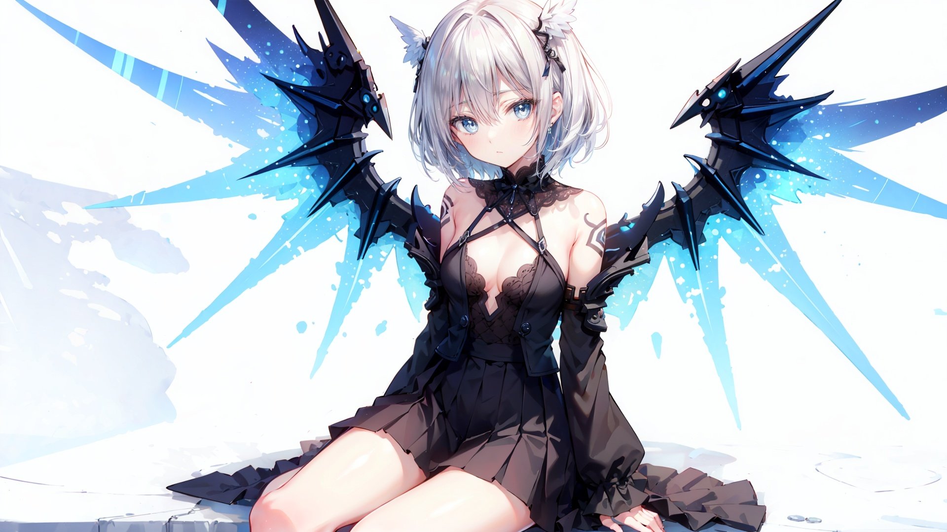  ((best quality)), ((masterpiece)),((ultra-detailed)), (illustration), (detailed light), (an extremely delicate and beautiful),
((solo)),((cowboy shot)),
(((a beautiful girl))),((small_breasts)),((looking at viewer)),
((Mechanical wings,huge_wings)),(mechanical prosthesis),(Glowing line tattoos,Glowing line tattoos on arms,Glowing line tattoos on legs),
(skirt),(Glowing halo),
(beautiful eyes),white hair,
((white background)), 
((sitting))
