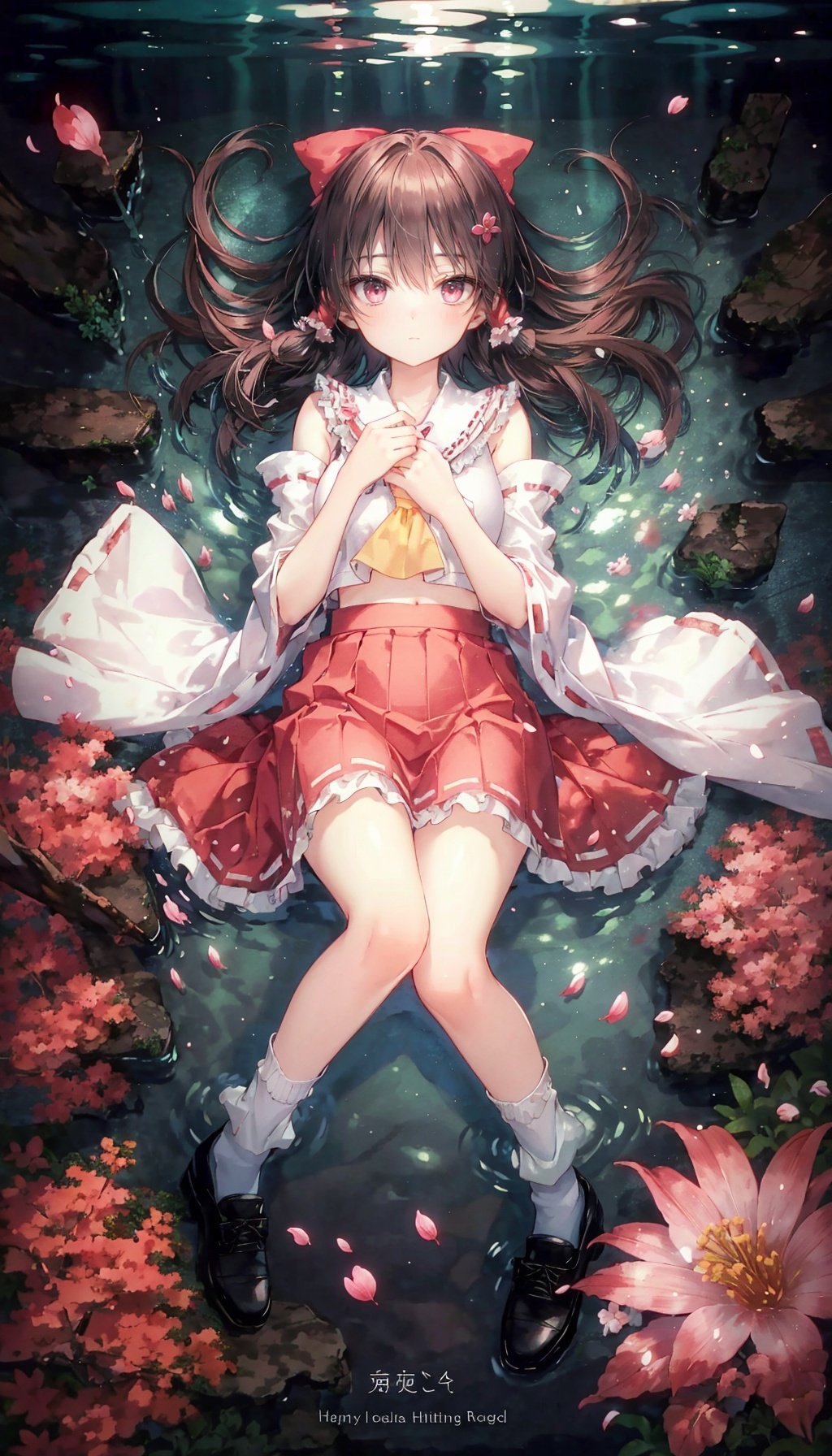  masterpiece, ultra detailed,((from above ,socks, lying, underwater, floating hair, starry sky reflection, floating sakura petals, rippling)),[half closed eyes],(pink eyes),(high contrast:0.8),1girl,solo, hakurei_reimu, hair_tubes, detached_sleeves, solo, bow, long_hair, frills, ribbon_trim, red_bow, hair_bow, ribbon-trimmed_sleeves, wide_sleeves, red_skirt, skirt, looking_at_viewer, ascot, stairs, frilled_bow,black_hair,,