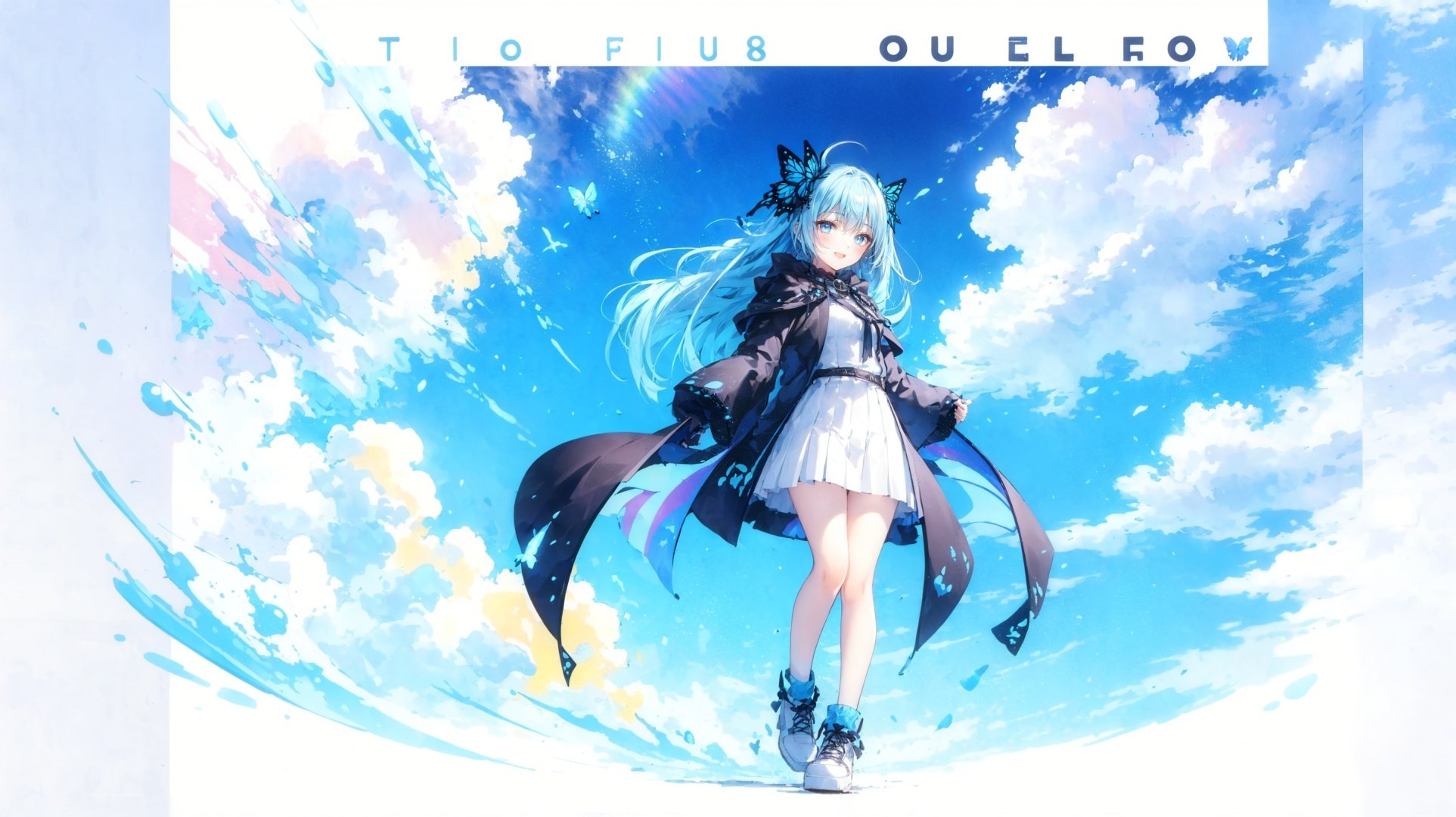  1 girl,solo,((blue hair)),long hair,(two side up:1.7),smile,open mouth,dynamic angle,(full body,mid shot,wide shot,panorama),black cloak,(white skirt),(colorful butterfly wings,flying in the sky,rainbow),from above,blue sky,white hair ribbon