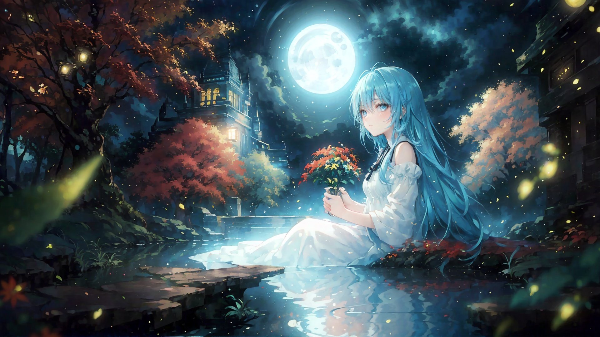  ,1girl with lightblue longhair and blue eyes,
(masterpiece:1.5), (illustration:1.5), (beauty:1.5), (perfect details:1.5), (clear background:1.25), (depth of field:0.7), (moonlight:1.5), (long road:1.15), (flower), (life), (autumn), (wind), (red leaves), (dark river), (peaceful mind), (deep thoughts), (reflection), (clear moon), (coolness), (autumn night), (chirping insects), (white steps), (red dewdrops), (parting), (fallen osmanthus flowers), (sorrow), (blowing wind), (yellow leaves), (drunken beauty), (moonlit tower), (clear stream), (transience), (tears), (reflection).
1girl with lightblue long hair, hair flowers,hime cut,