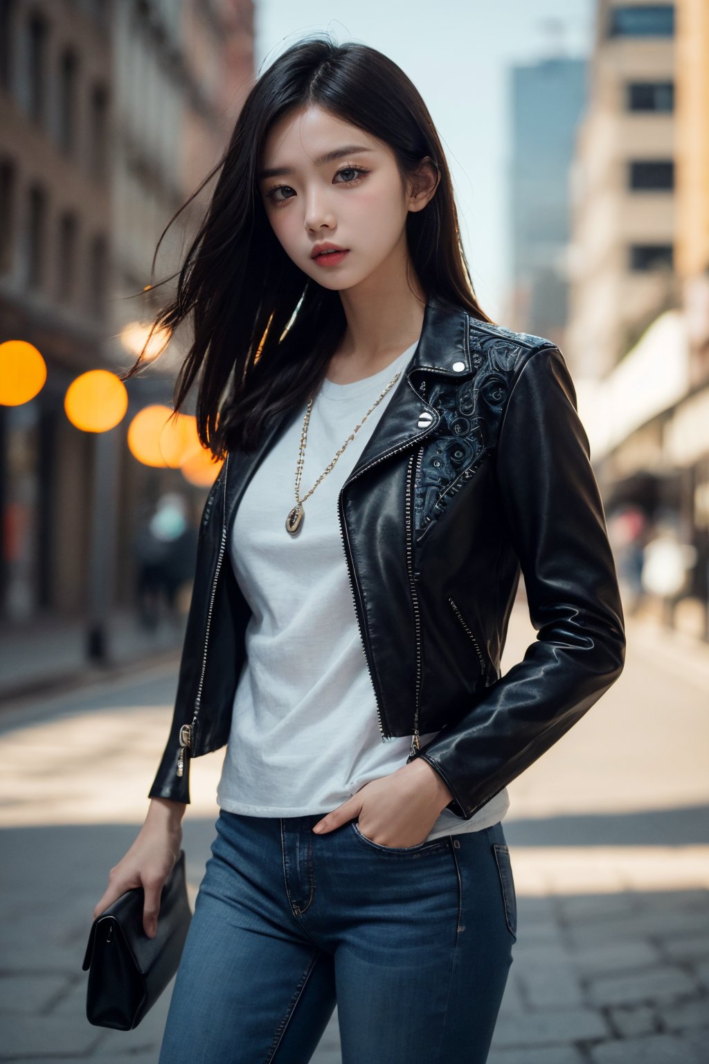 (masterpiece), (extremely intricate:1.3), (realistic), entered, award winning upper body digital art, (hyperelistic shadows), masterpiece, | korean, tight blue jean, open leather jacket, | city, sea, bokeh, blurred background, depth of field 