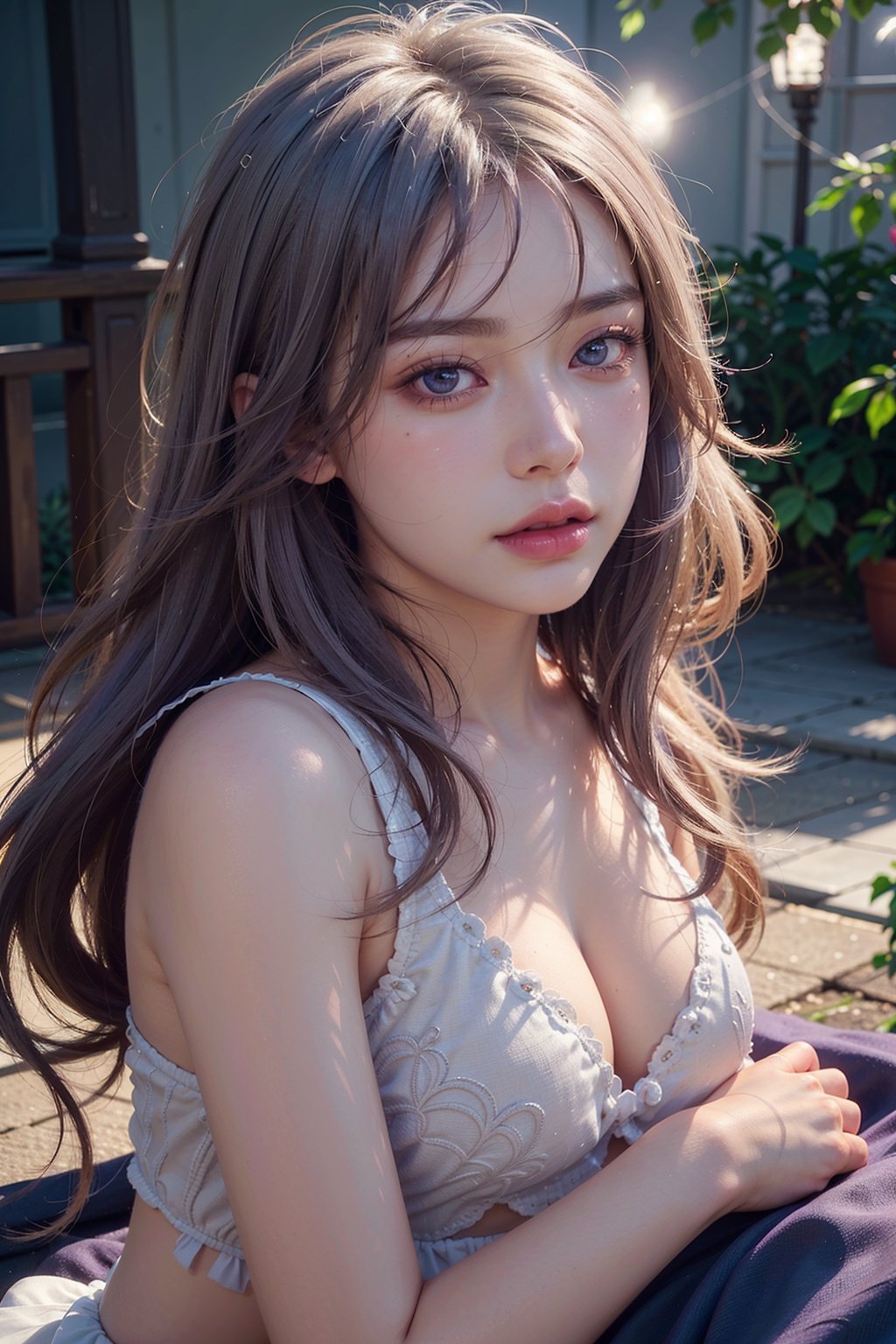 (best quality,  realistic:1.2),  ultra-detailed,  professional,  vivid colors,  portrait,  beautiful detailed eyes,  beautiful detailed lips,  long eyelashes,  flowing white hair,  seductive pose,  purple glowing eyes,  fashionable crop top,  flowing skirt,  soft parted lips,  natural blush,  night scene,  blooming flowers,  warm sunlight, 