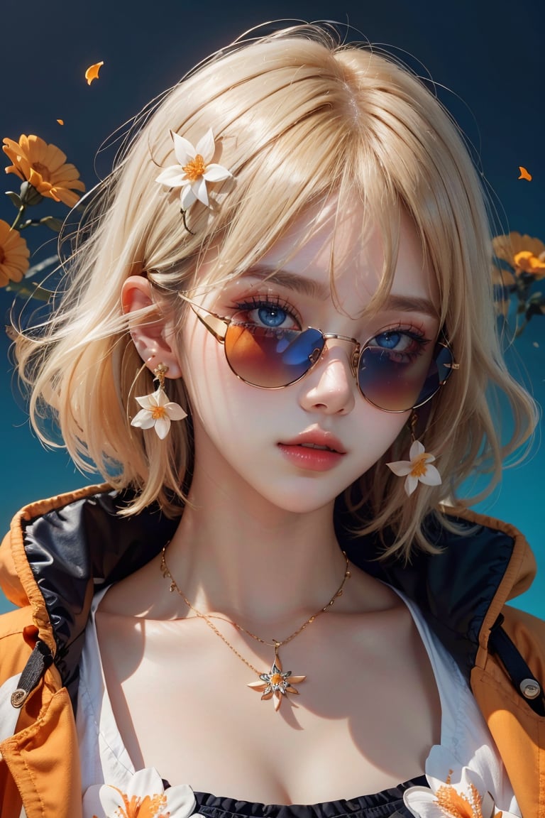 1girl, short hair, blue eyes, earrings, simple background, flower, upper body, hair flower, orange-tinted eyewear, sunglasses, necklace, jacket, closed mouth, floral print, bangs, blonde hair, white hair, makeup, round eyewear, piercing, details, realist skin, skin detailed, underboobs, tatoos,art 