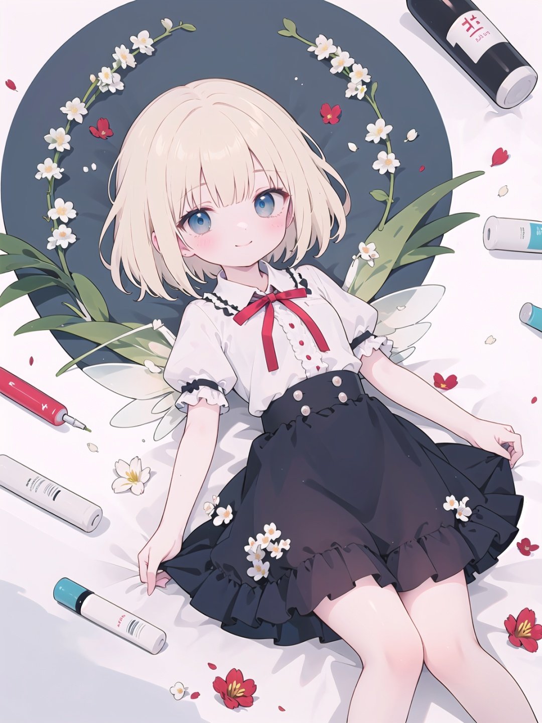 medicine melancholy, blonde hair, 1girl, lily of the valley, flower, su-san, ribbon, skirt, on back, lying, hair ribbon, blue eyes, short hair, short sleeves, solo, looking at viewer, smile, bow, shirt, puffy sleeves, puffy short sleeves, red ribbon, wings, fairy wings