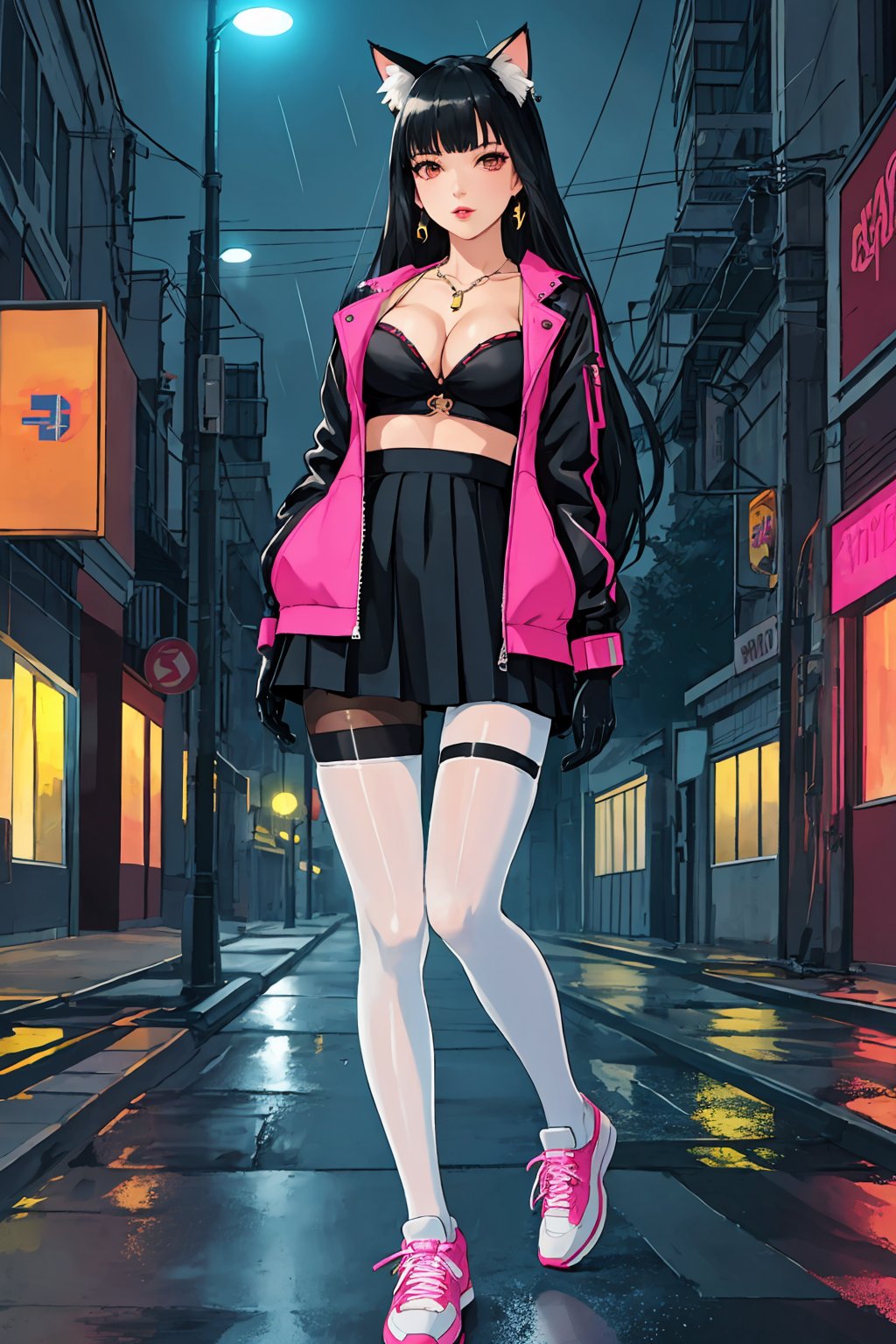 (best quality:1.2), (hyper detailed), 

Best quality,masterpiece,ultra high res,1girl,black hair,breasts,long hair,solo,animal ears,cleavage,jewelry,science fiction,jacket,looking at viewer,shoes,sneakers,pantyhose,earrings,medium breasts,bangs,open clothes,single mechanical arm,neon lights,animal ear fluff,white footwear,lips,open jacket,cat ears,ring,jacket,gloves,thigh strap,full body,black pantyhose,long sleeves,skirt,night,realistic,glowing,outdoors,smoke,upper body,city scenery,norfleet,rain,