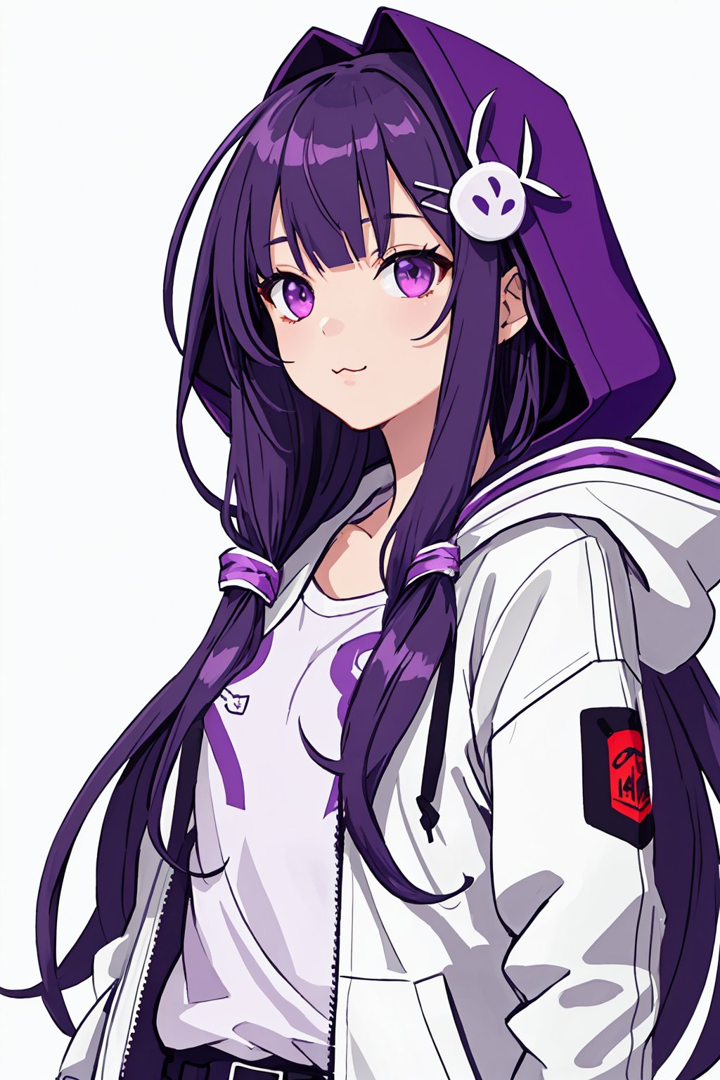 (best quality:1.2), (hyper detailed), 

1girl,purple hair, long hair,sidelocks, hair ornament,purple eyes, hood down,white shirt,jacket,open clothes,center frills,grey background,:i,=3