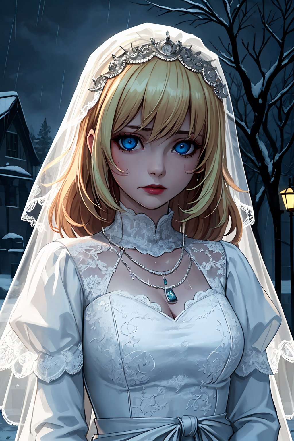 (best quality:1.2), (hyper detailed), 

Best quality,masterpiece,ultra high res,1girl,gun,dress,blonde hair,veil,solo,jewelry,blood,necklace,blue eyes,blood on clothes,snow,bridal veil,wedding dress,tree,building,(covered in on artstation,FAN ART,colourful,beautiful,artstation,film mood,dramaticoppressive lighting,shadows,cinematic atmosphere,sharp focus,worksafe,norfleet,rain,,