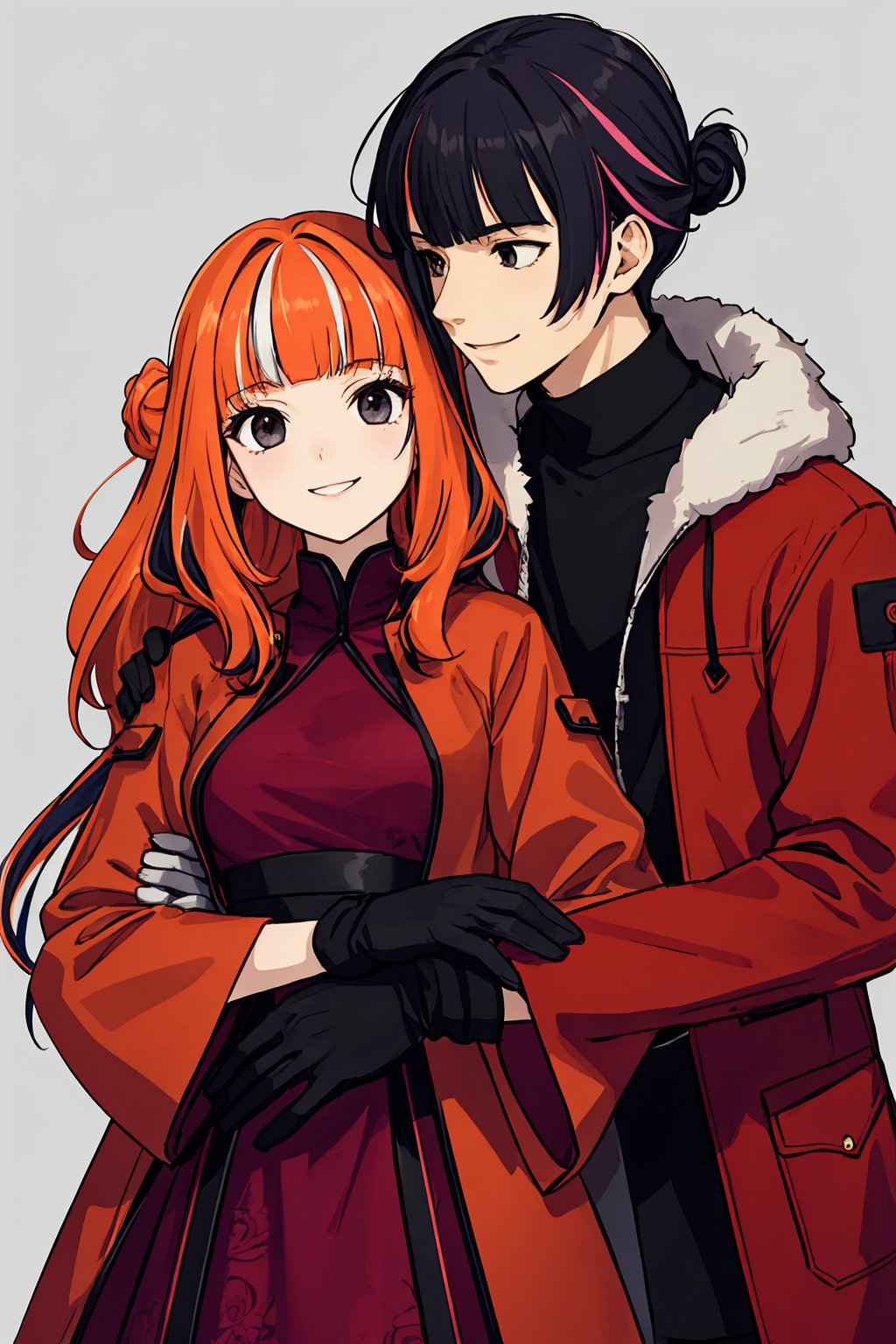 (best quality:1.2), (hyper detailed), 

,1girl, 1boy, purple hair, long hair, multicolored hair, looking at another, smile, two-tone hair, red hair, dress, grey background, gloves, simple background, fingerless gloves, black hair, long sleeves, hetero, bangs, short hair, wide sleeves, black eyes, white dress, eye contact, black gloves, orange hair, robe, couple, hug, half updo, streaked hair, coat, jacket, carrying, blunt bangs, red jacket, very long hair