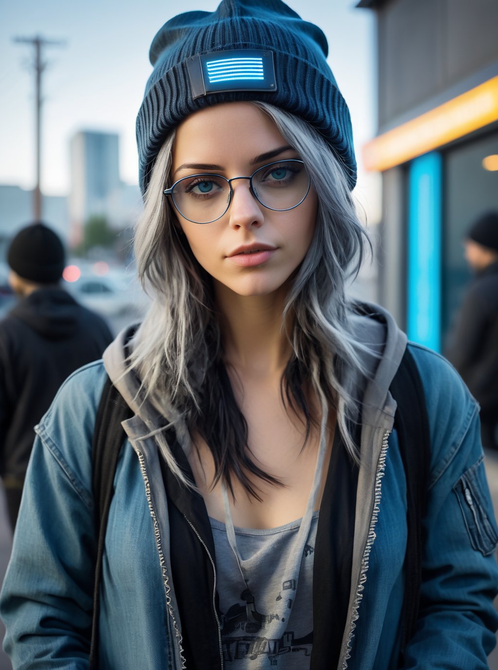 rebevelin, photo, portrait of woman, Cute female  cyberpunk hacker with blue colored glasses, in a jacket with a Beanie long grey hair half teeshirt ripped jeanscyberpunk 2077 poster art  <lora:rebevelin:0.8>