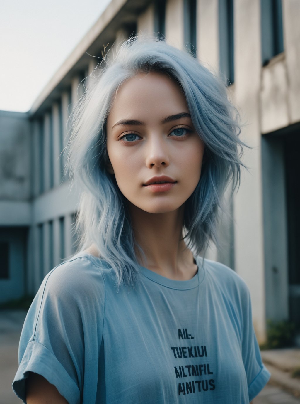 rebevelin, photo, portrait of woman, portrait of haute couture beautiful asian fashion model with pale blue hair, ethereal dreamy foggy, photoshoot by Alessio Albi , editorial Fashion Magazine photoshoot, fashion poses, in front of brutalist building architecture. Kinfolk Magazine. Film Grain. light guy blue eyes a little smile T-shirt with the inscription Dizmoralil  <lora:rebevelin:0.8>