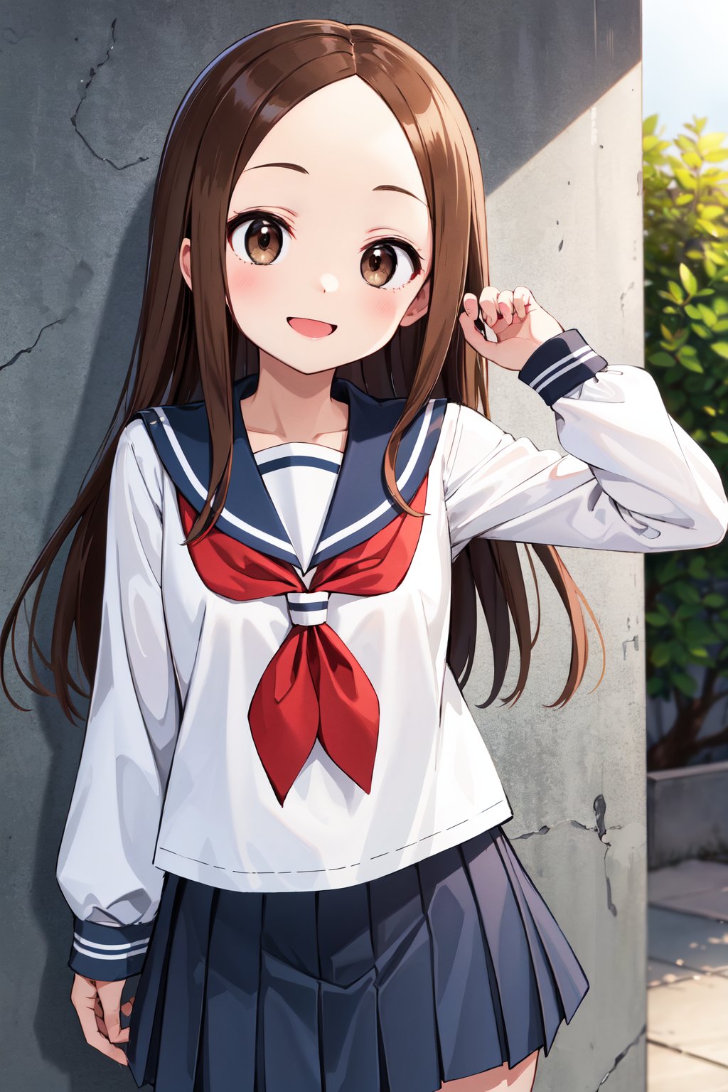 masterpiece, best quality, highres, aatakagi, long hair, sailor collar, red neckerchief, sailor shirt, (white shirt:1.1), long sleeves, pleated skirt, blue skirt, <lora:takagi-san_v1:0.7>, smile, standing, cowboy shot, outdoors,