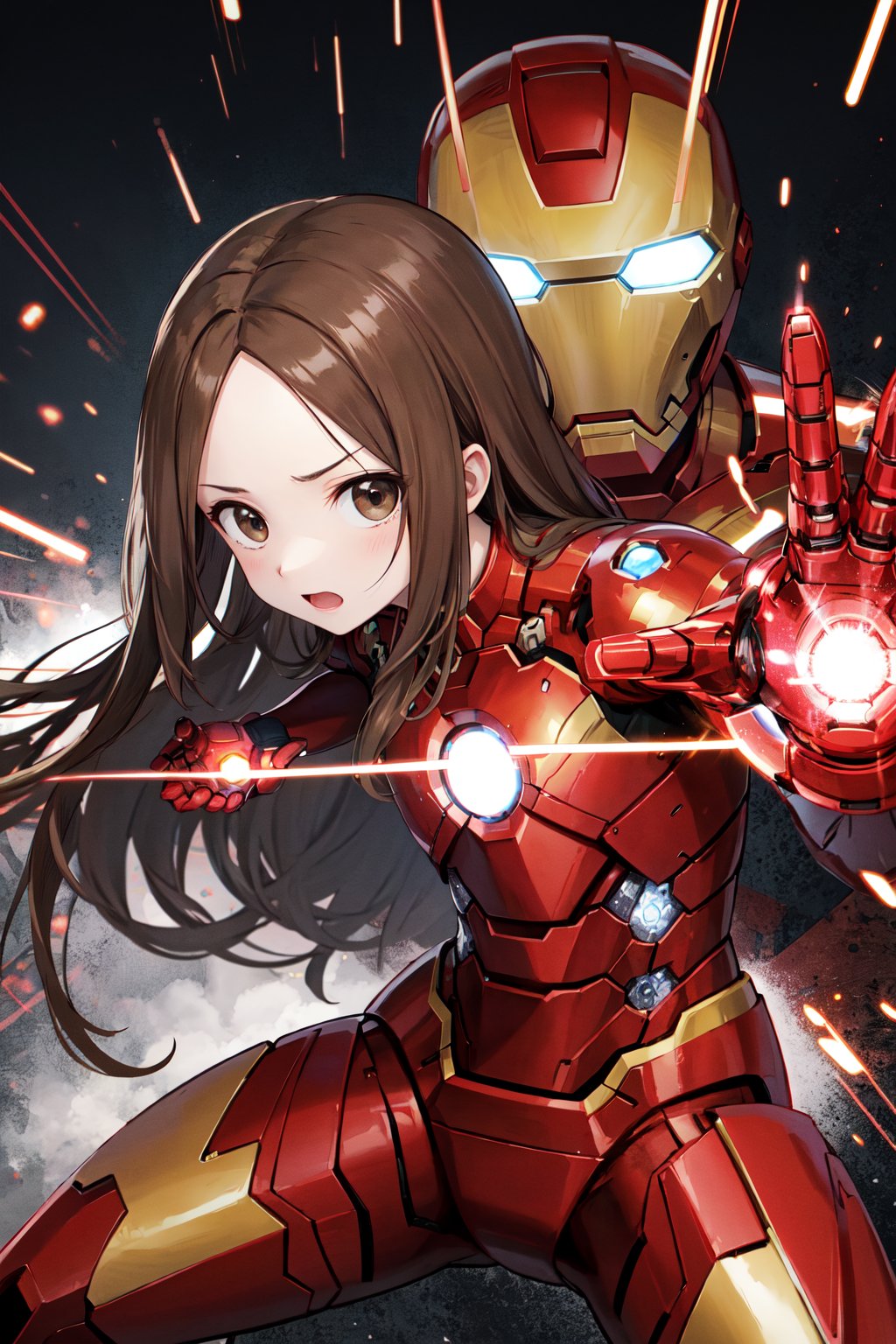 masterpiece, best quality, highres, aatakagi, long hair, <lora:takagi-san_v1:0.7>, iron man, fighting stance, 